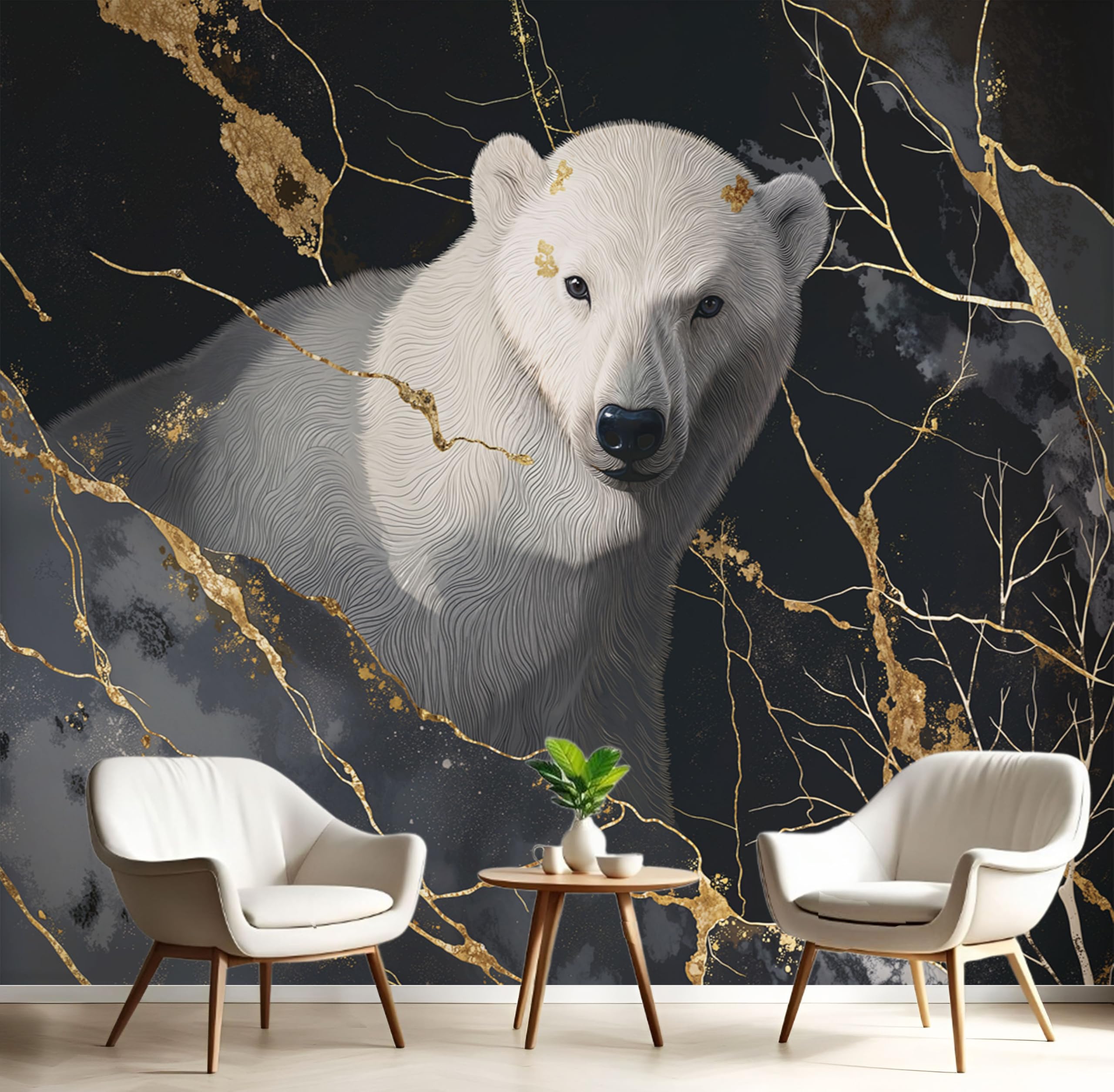 Carta Da Parati Fotografica Orso Polare 200x140cm Nero Decorazione Da Muro Poster Gigante Design Soggiorno Ufficio Camera Da Letto Effetto Marmo Lamina D'Oro