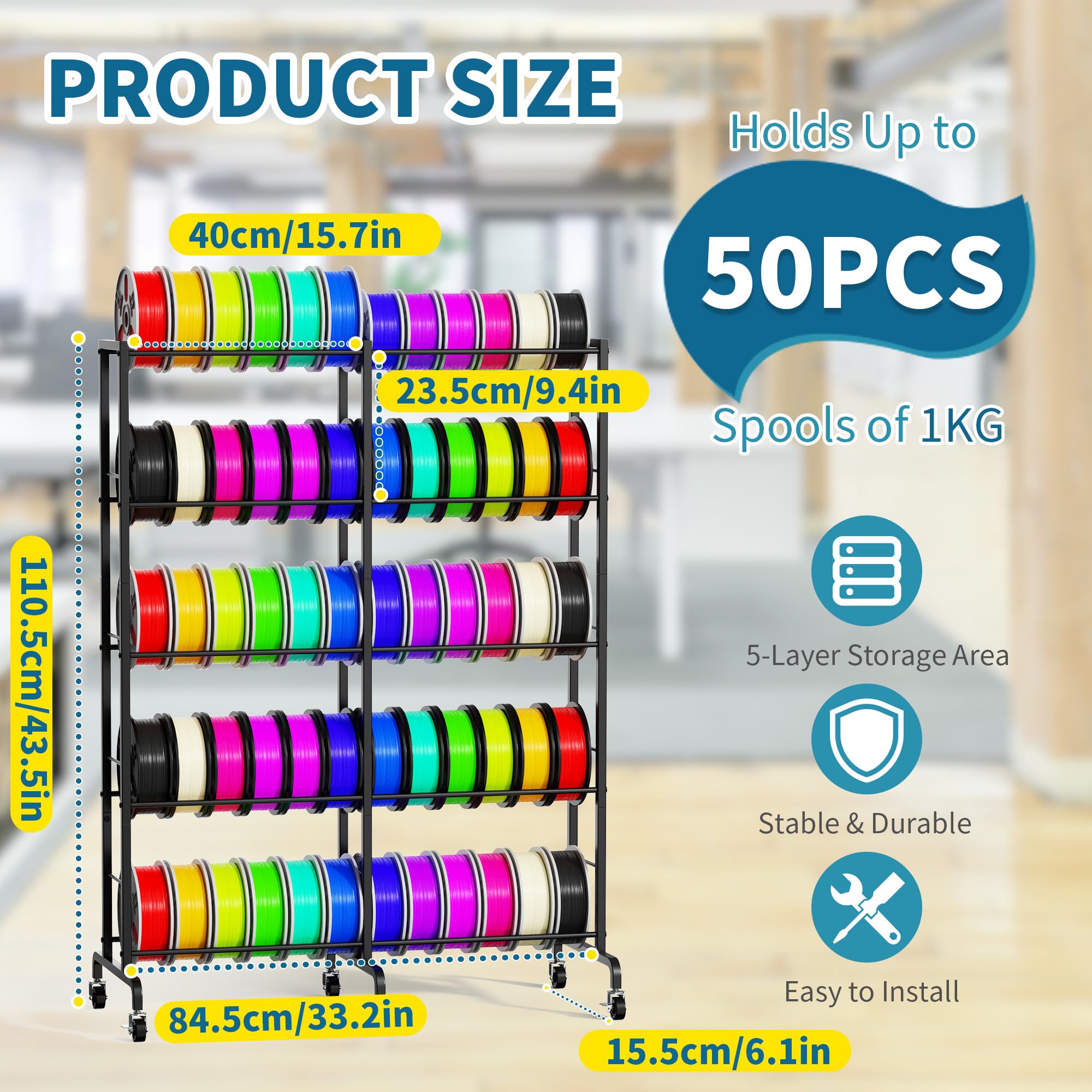 4-stöckiges 3D-Drucker-Filament-Aufbewahrungsregal, robustes Metall-Filamentregal mit Rädern und verstellbaren Fußpolstern und Spulenorganisierter Halter für 3D-Druckerzubehör, hält bis zu 50