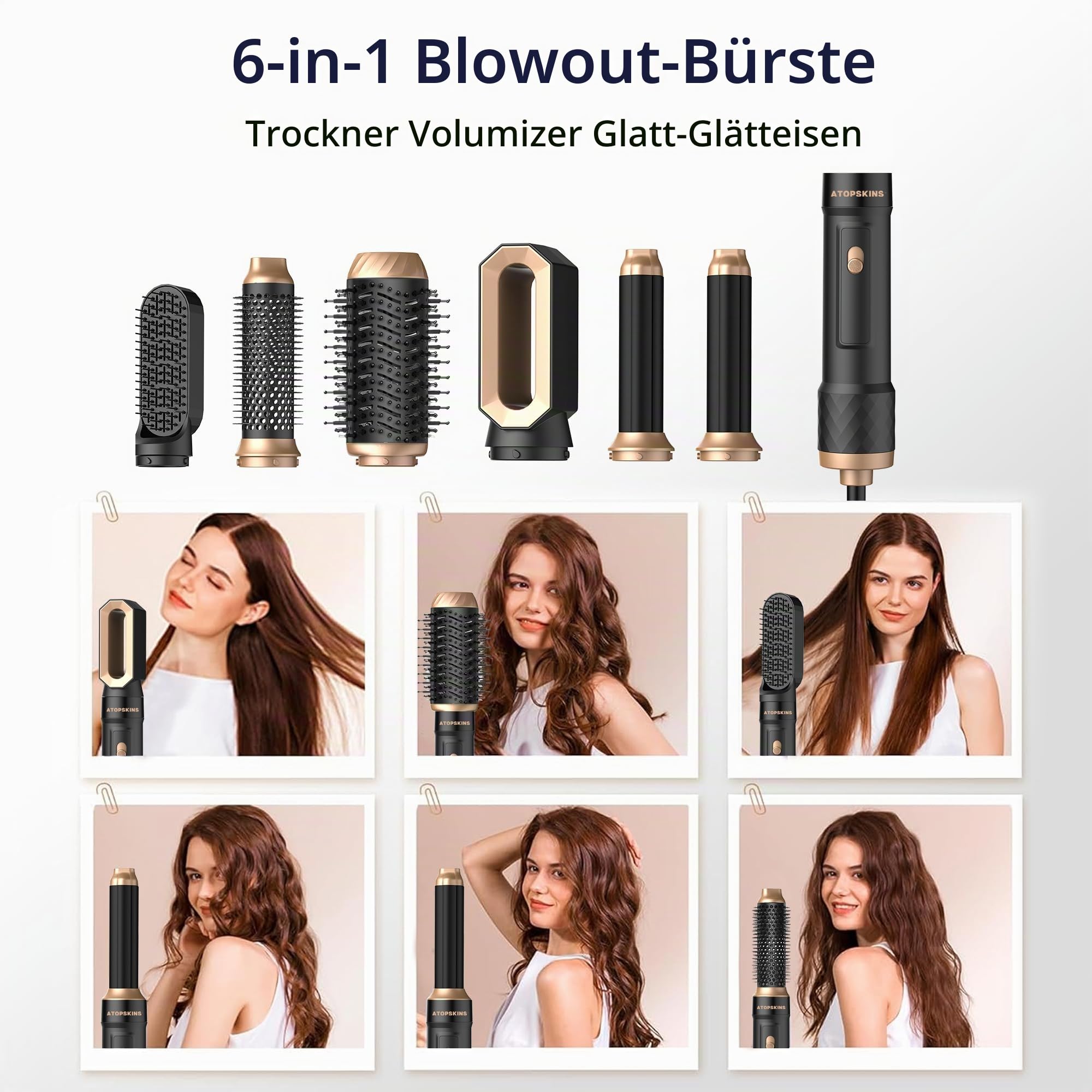 Pro Airstyler Warmluftbürste 6 in 1 Hairstyler set,Atopskins Haarstyler Ionen Föhnbürste mit 30mm Warmluft-Lockenstab | Hairstyler 1000W Haartrockner Föhn für Volumen, Trocknen, Glätten & Locken