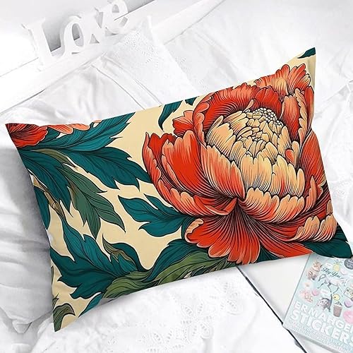 Miniatura 5 de ArogGeld Chinoiserie - Funda de cojín lumbar floral de peonía de coral, verde azulado, verde y rojo, almohada decorativa de chinoiserie japonesa