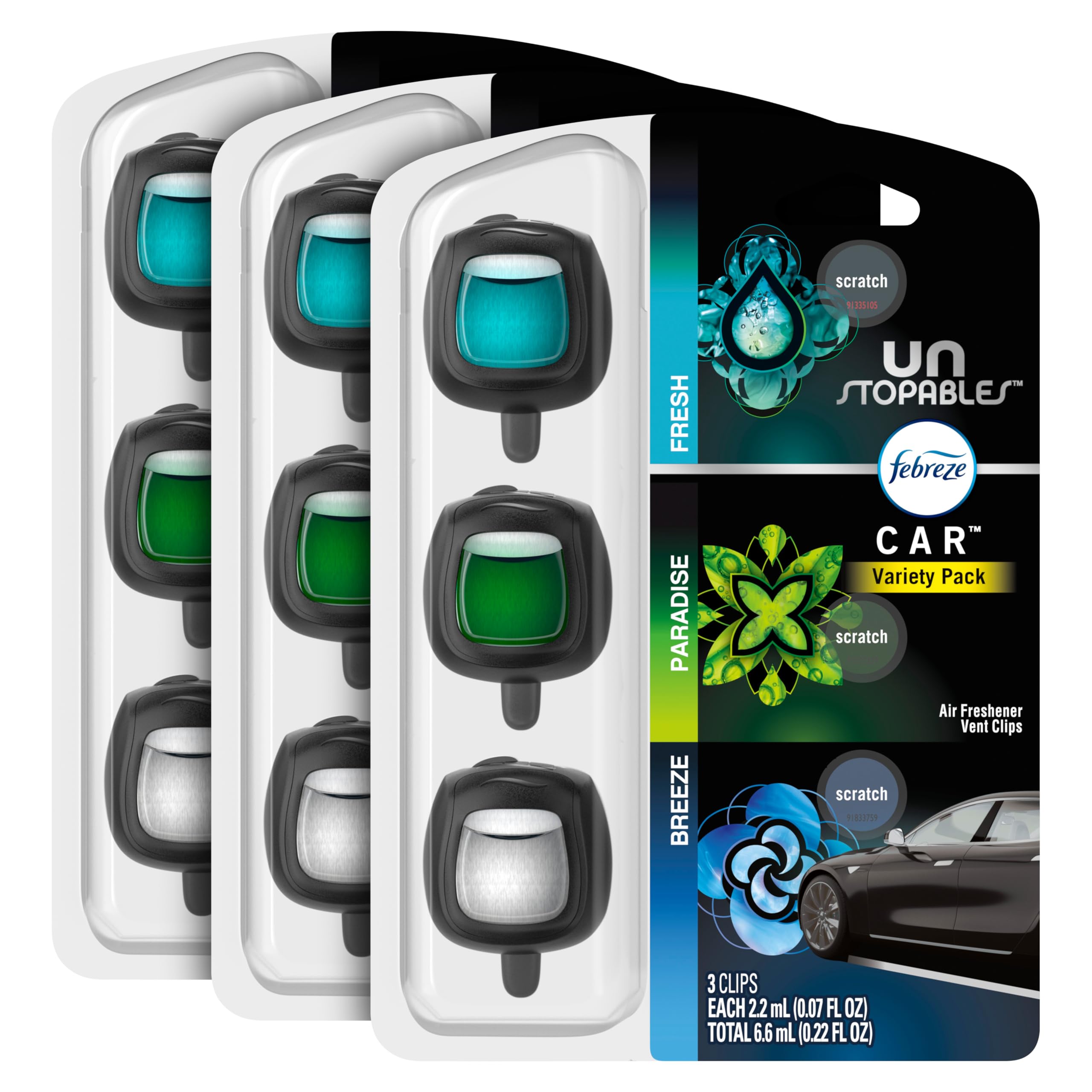 Febreze Car Air Freshener Odor-Fighting Car Vent Clip Unstopables Variety Pack 3-Count Pack of 3