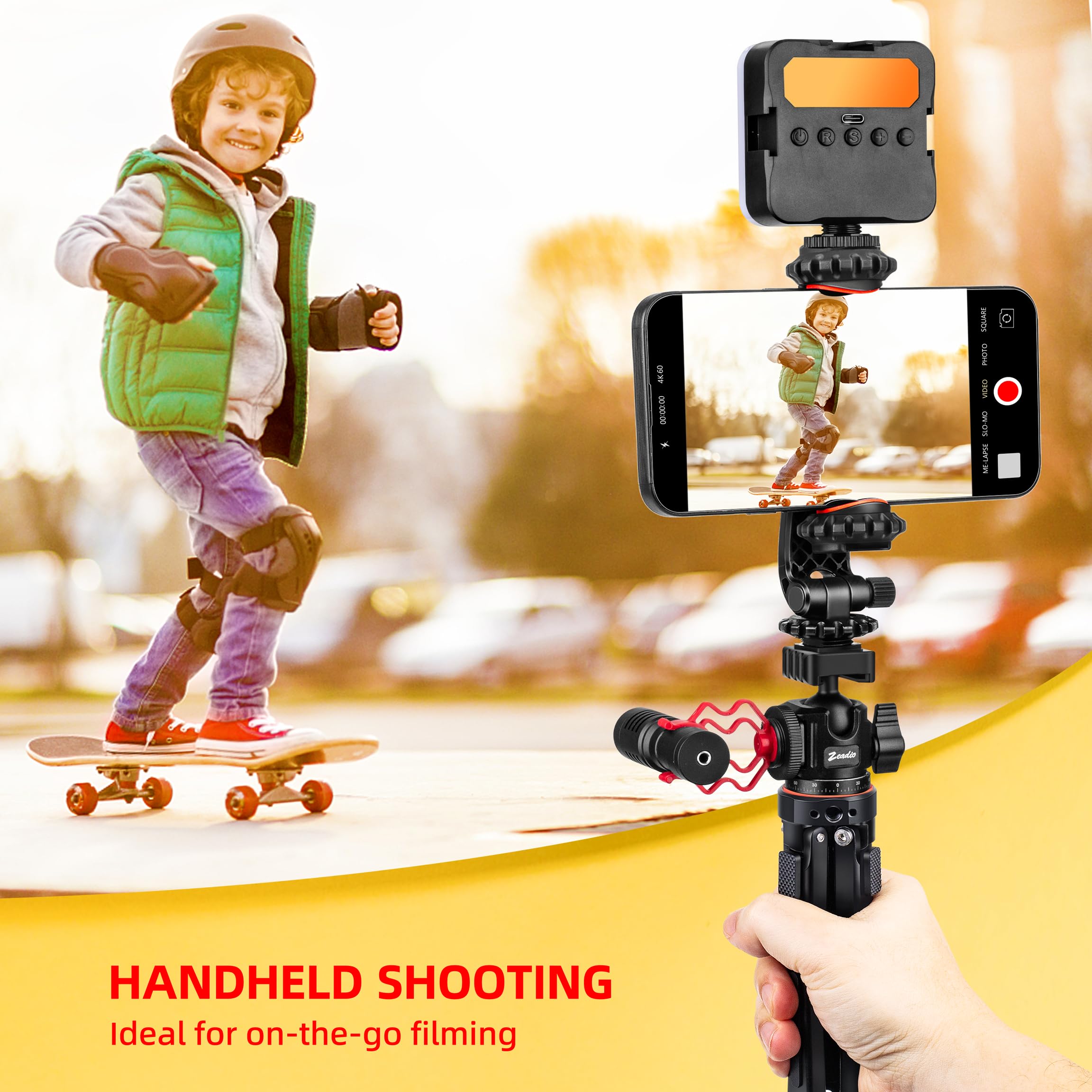 Zeadio Kit Treppiedi in Metallo Resistente: con Montatura a Sfera 360°, Clip per Telefono e Action Camera Adattatore, Montatura Universale da 1/4" per Smartphone Vlog Fotocamera Gimbal ecc