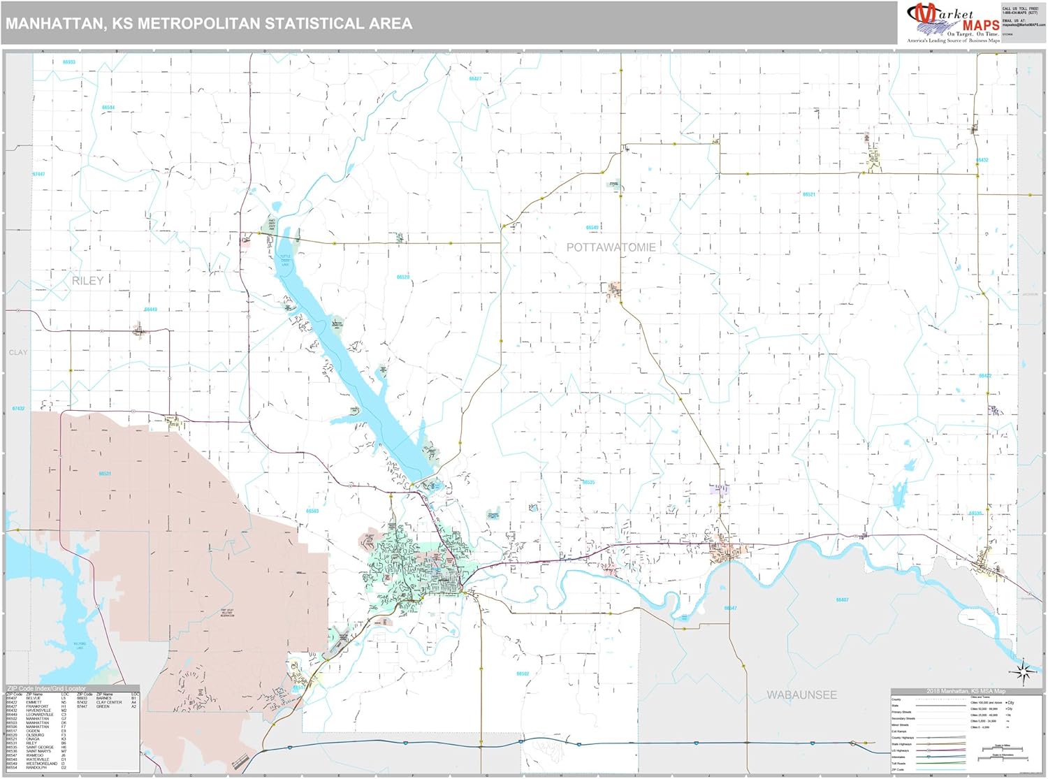 Amazon.com: Manhattan, KS Metro Area Wall Map - 2018 - ZIP Codes ...