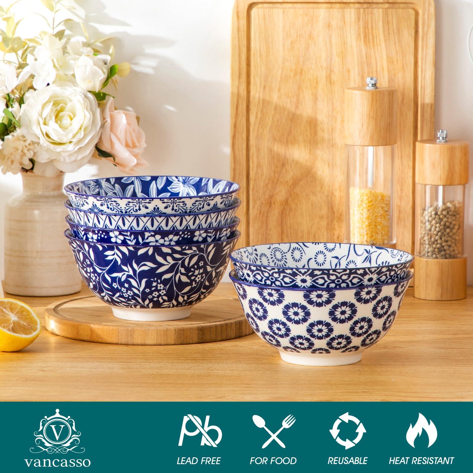 vancasso Serie SELENE - Set di 6 Ciotole per Colazione Cereali in Ceramica da 720 ml – Stile Cinese Blu e Bianco - Ciotole Cucina Adatte per Cereali, Insalata, Zuppa, Ramen, Pasta e Dessert