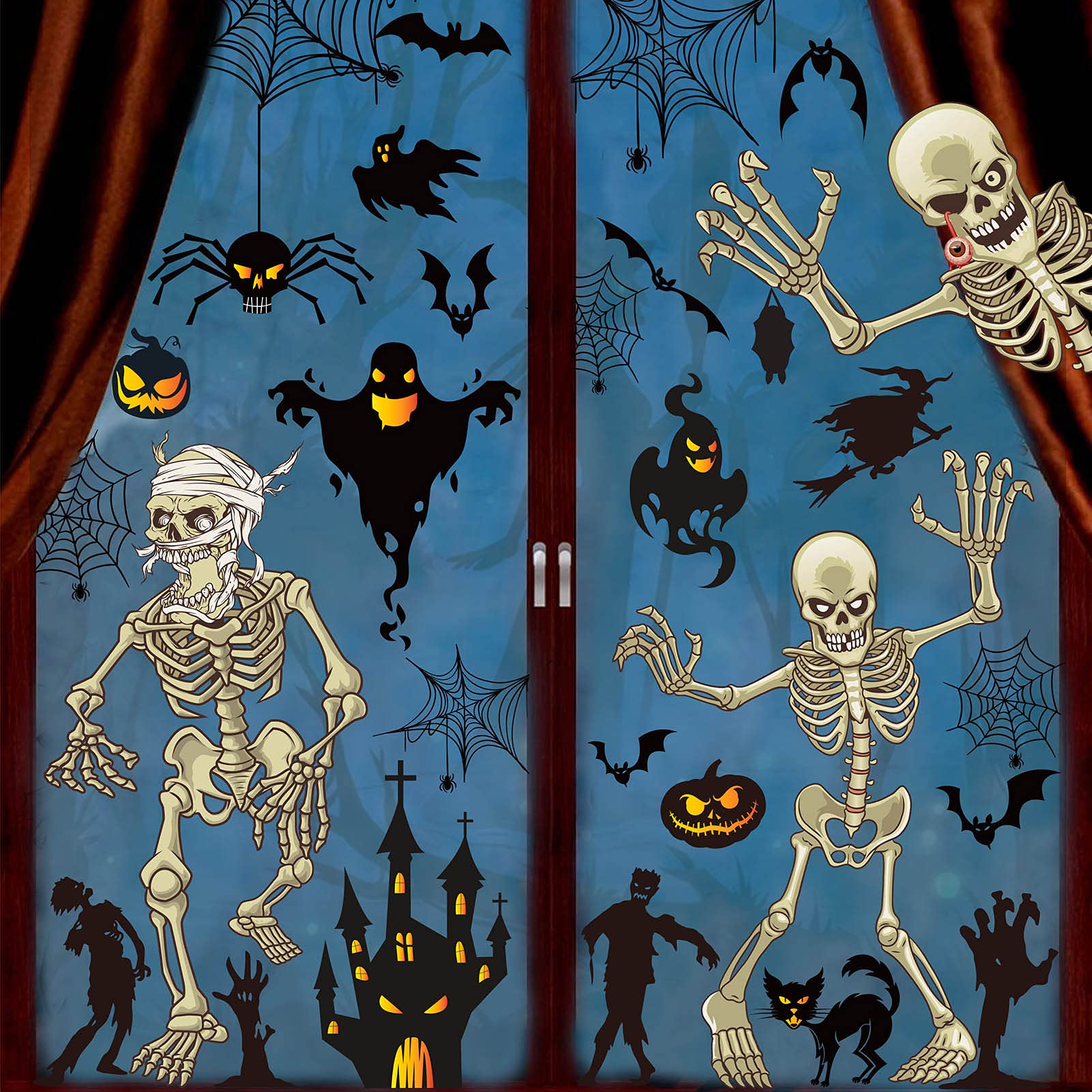 Xinrui 46 Pcs Halloween Clings for Glass Windows,12 Sheet Halloween Window Decor Stickers,Large Skeleton Halloween Window Silhouette Clings Stickers Wall Decal for Halloween Party Supplies Decor