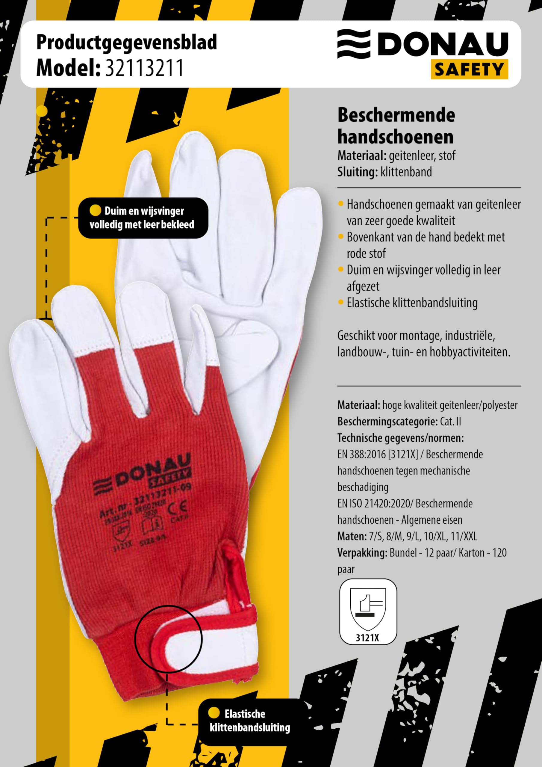 DONAU SAFETY Skórzane rękawice robocze z zapięciem na rzepy, rozmiar 11/XXL, 1 para, białe, czerwone, rękawice montażowe, miękkie i wygodne, rękawice ochronne ze skóry koziej i tkaniny poliestrowej