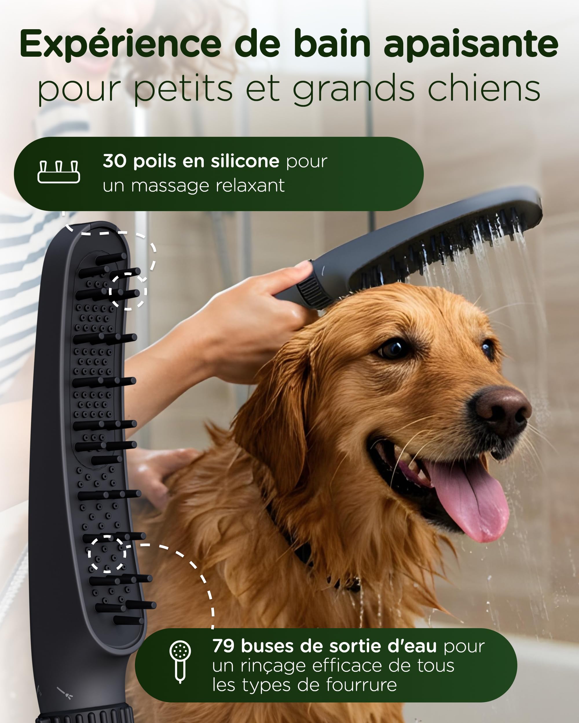 KUNTO® Pomme de douche pour chien avec 4 types de jets - Tête de douche en silicone et adaptateur pour tuyau d’arrosage
