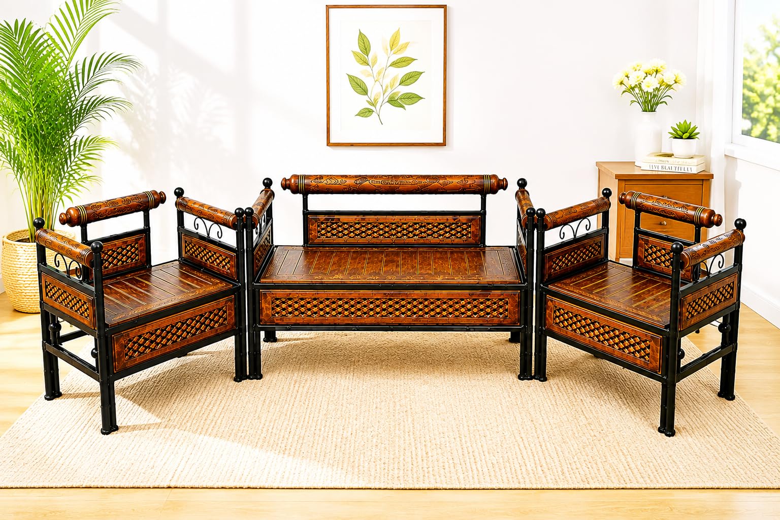 Solid Sheesham Wood & Metal Sofa Set for Living Room | 3+1+1 Seater Wooden Sofa Set | Handcrafted Traditional Carved Design | Heavy Duty Iron Frame | Home & Office Furniture | Brown & Black-image-33