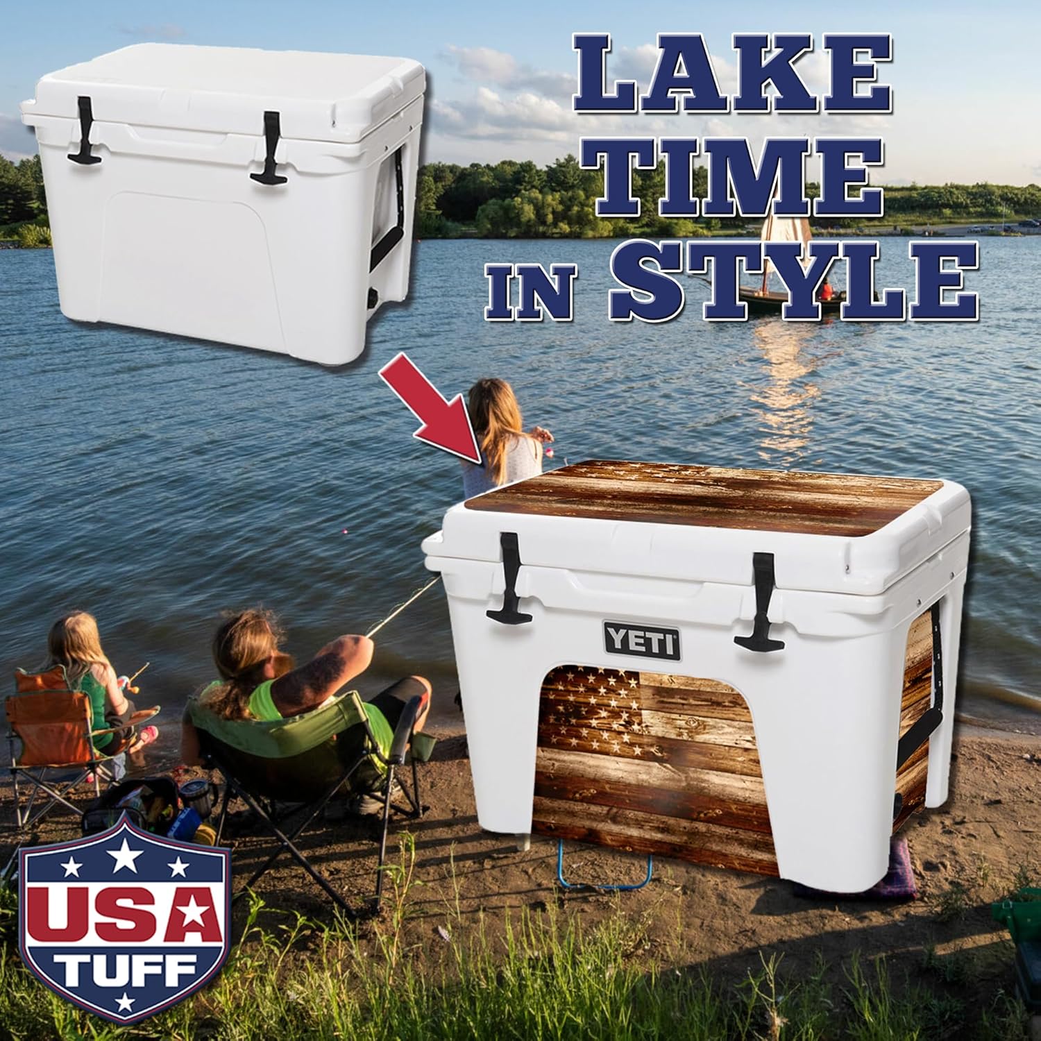 USATuff Vinyl Cooler Lid & Insert Kit Compatible with YETI | Easy Peel & Stick Application Cooler Skin Decal Wrap | Durable Pre-Cut Pieces | Made for Outdoor Use - USA Flag Woodgrain