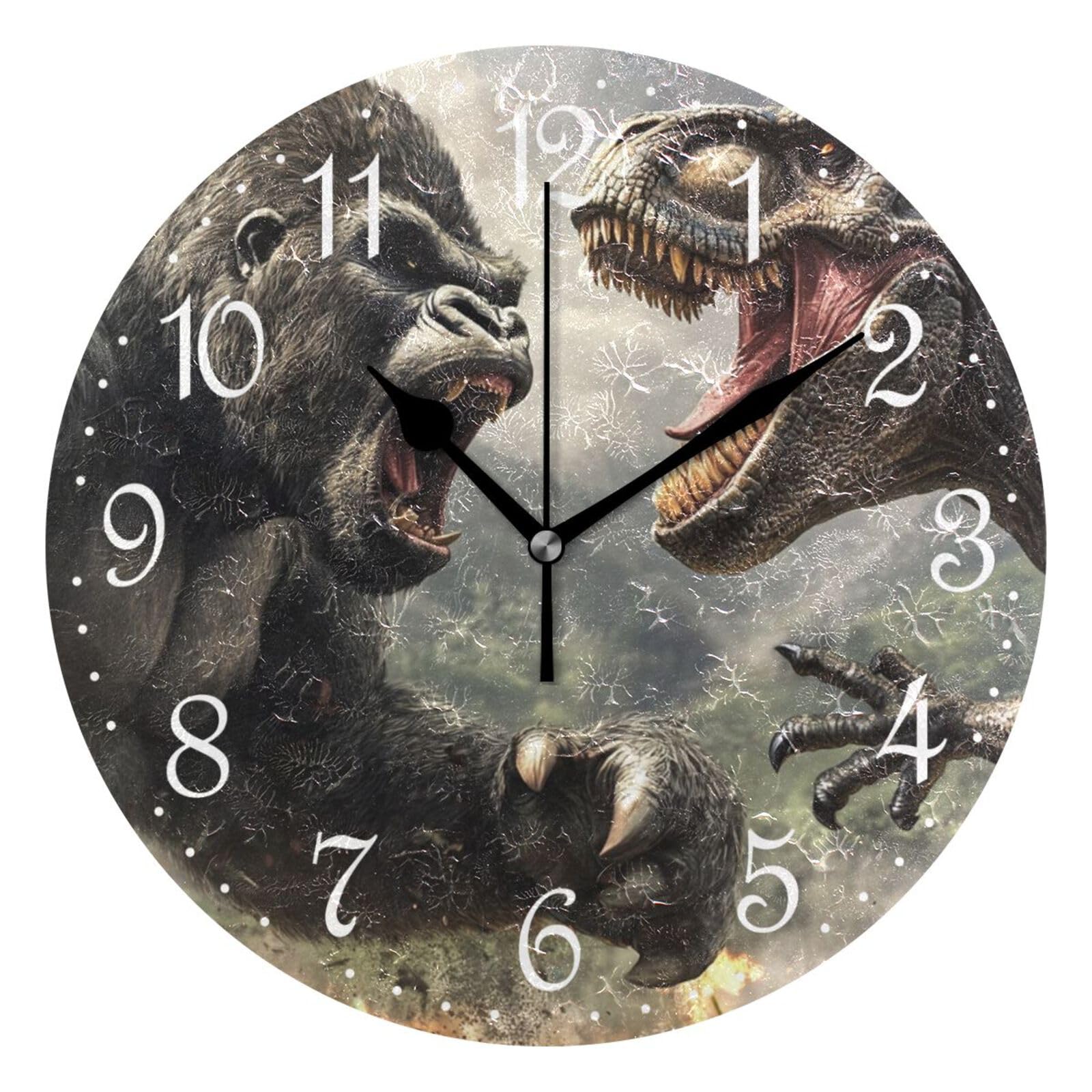 Mnsruu Wall Clock Howling Gorilla Tyrannosaurus Rex, Silent Non-Ticking Decorative Wall Clocks Battery Operated 25x25cm