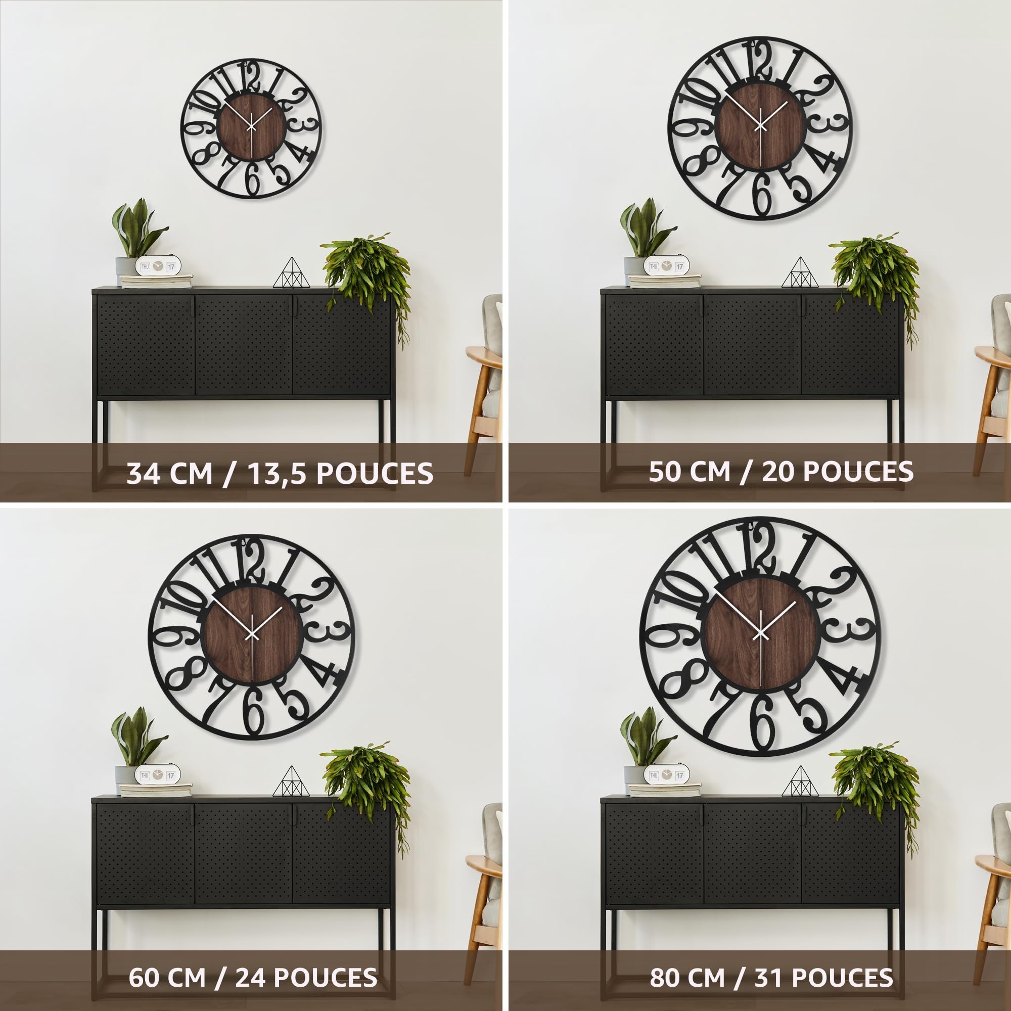 Horloge Murale Design Moderne et Vintage, 60cm/ 24 Pouces Silencieuse sans Tic-Tac, Grande Horloge Murale Géante XXL, Disponible en 34cm, 40cm, 50 cm, 60 cm, 80 cm pour le Salon Cuisine Bureau
