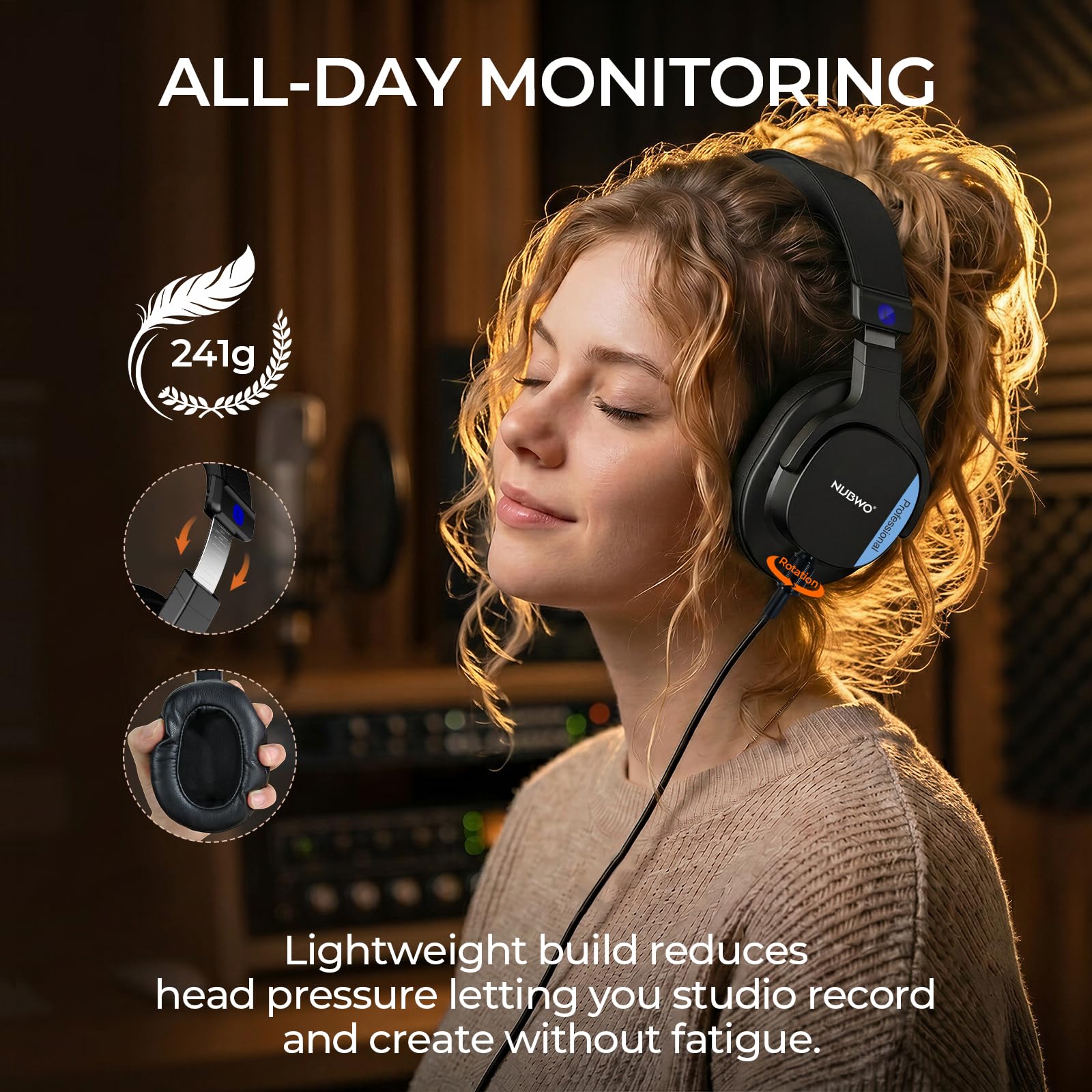 NUBWO HD01 - Auriculares de estudio con cable, auriculares de alta resolución con adaptador de 0.25 pulgadas a 3.5 mm, ligeros auriculares de DJ cerrados para piano guitarra, amplificador mezclador de