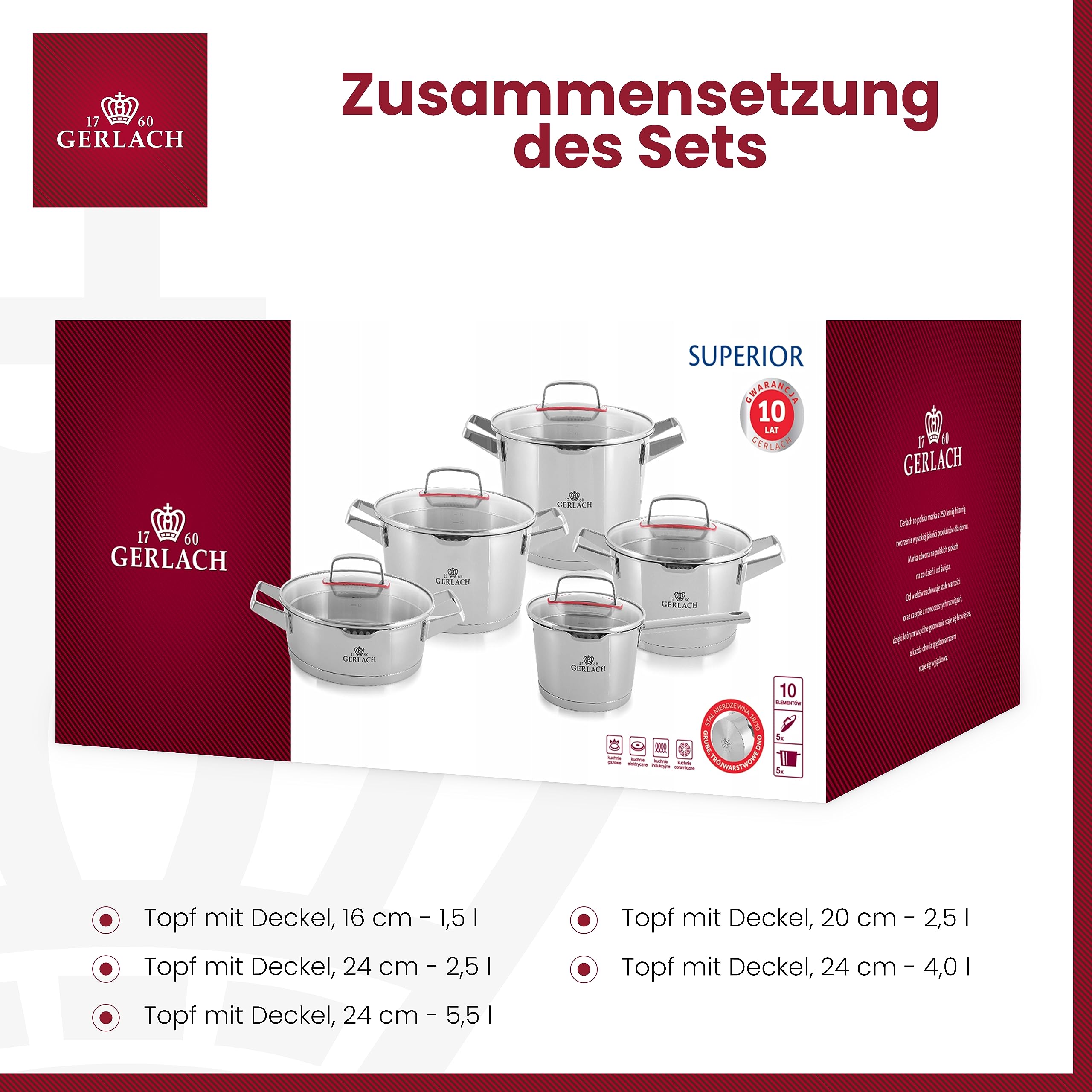 Gerlach Superior Topf-Set Edelstahl Kochtopf-Set Induktion Induktionstöpfe-Set Töpfe-Set Induktionsgeeignet Kochgeschirr 5 Stück, Silber