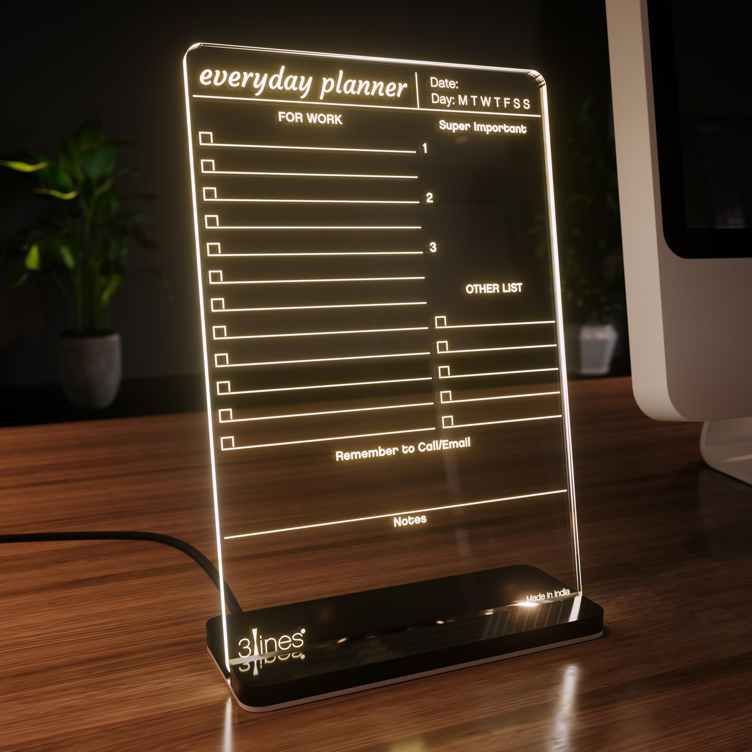 Glowrite Illuminate Your Ideas! Acrylic LED Writing Board with USB Stand/Base | Ideal for Home & Office | Unique Gift | Made in India | with 2 Markers | Everyday Planner | Regular