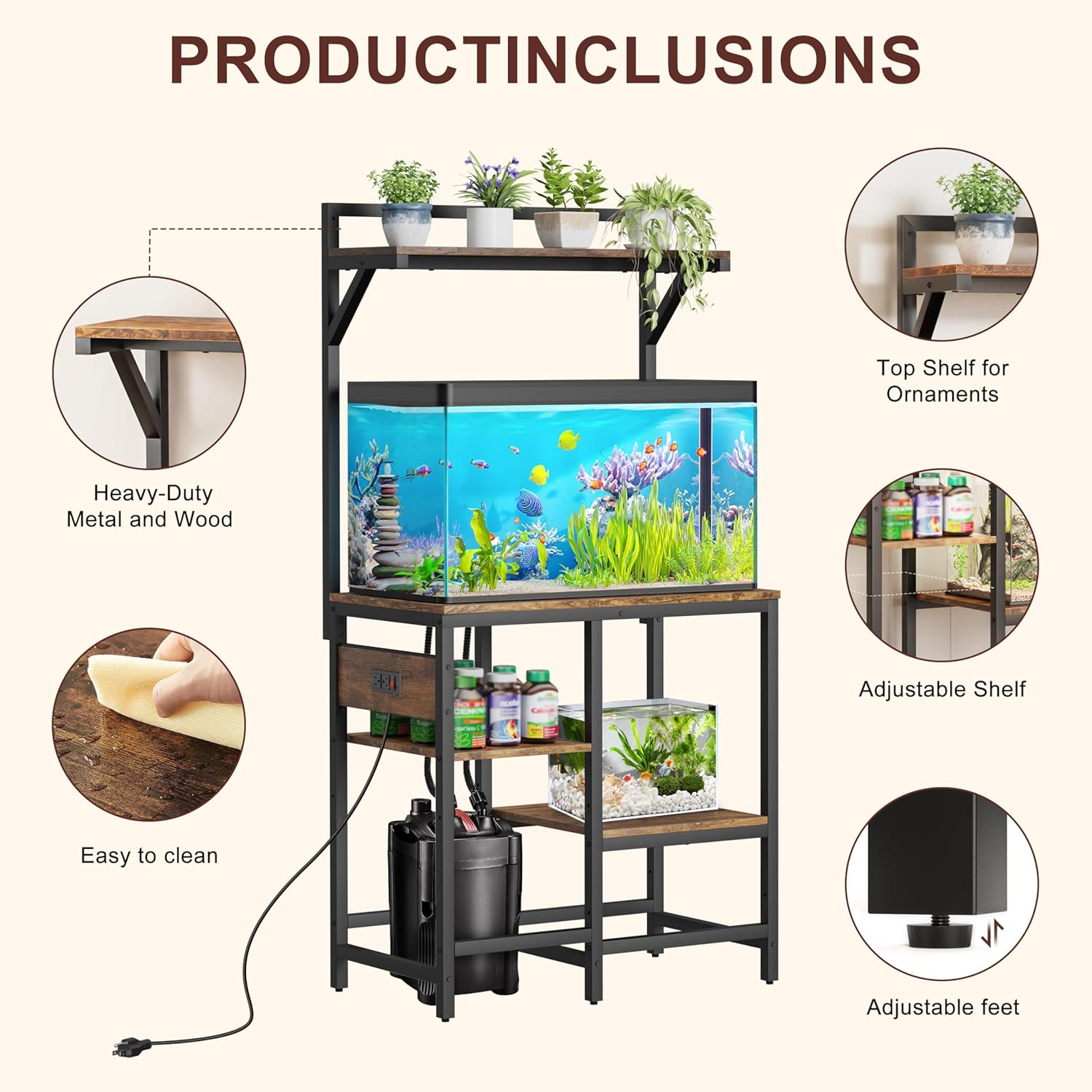 20-29 Gallon Fish Tank Stand, Aquarium Stand with Power Outlet, Heavy-Duty Reptile Terrarium Stand Table with 6-Leg Support and 4-Tier Adjustable Storage Shelves