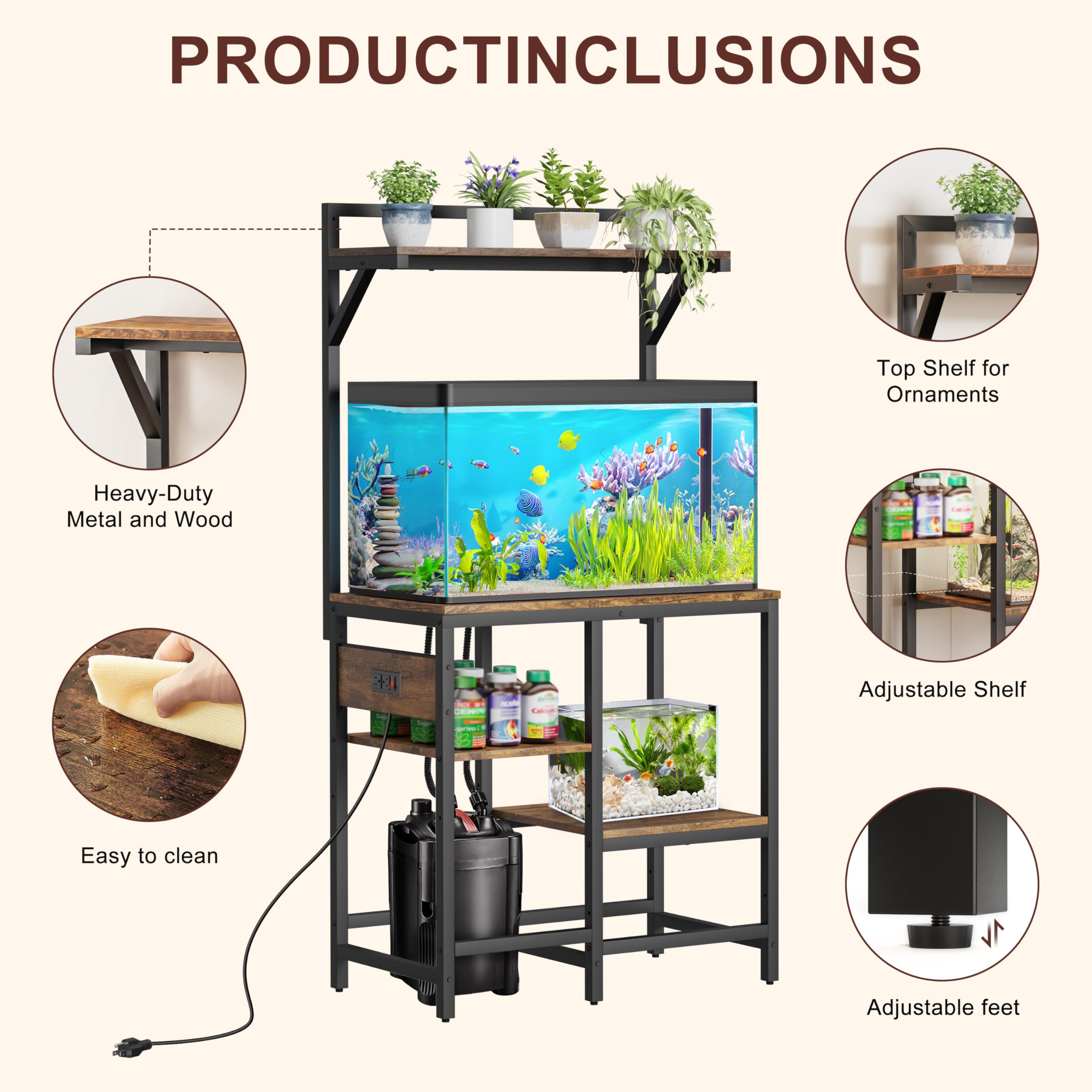 Soporte para pecera de 20-29 galones con toma de corriente, soporte de metal para acuario con almacenamiento de filtro, soporte de tanque de reptiles de 6 patas con estantes de almacenamiento