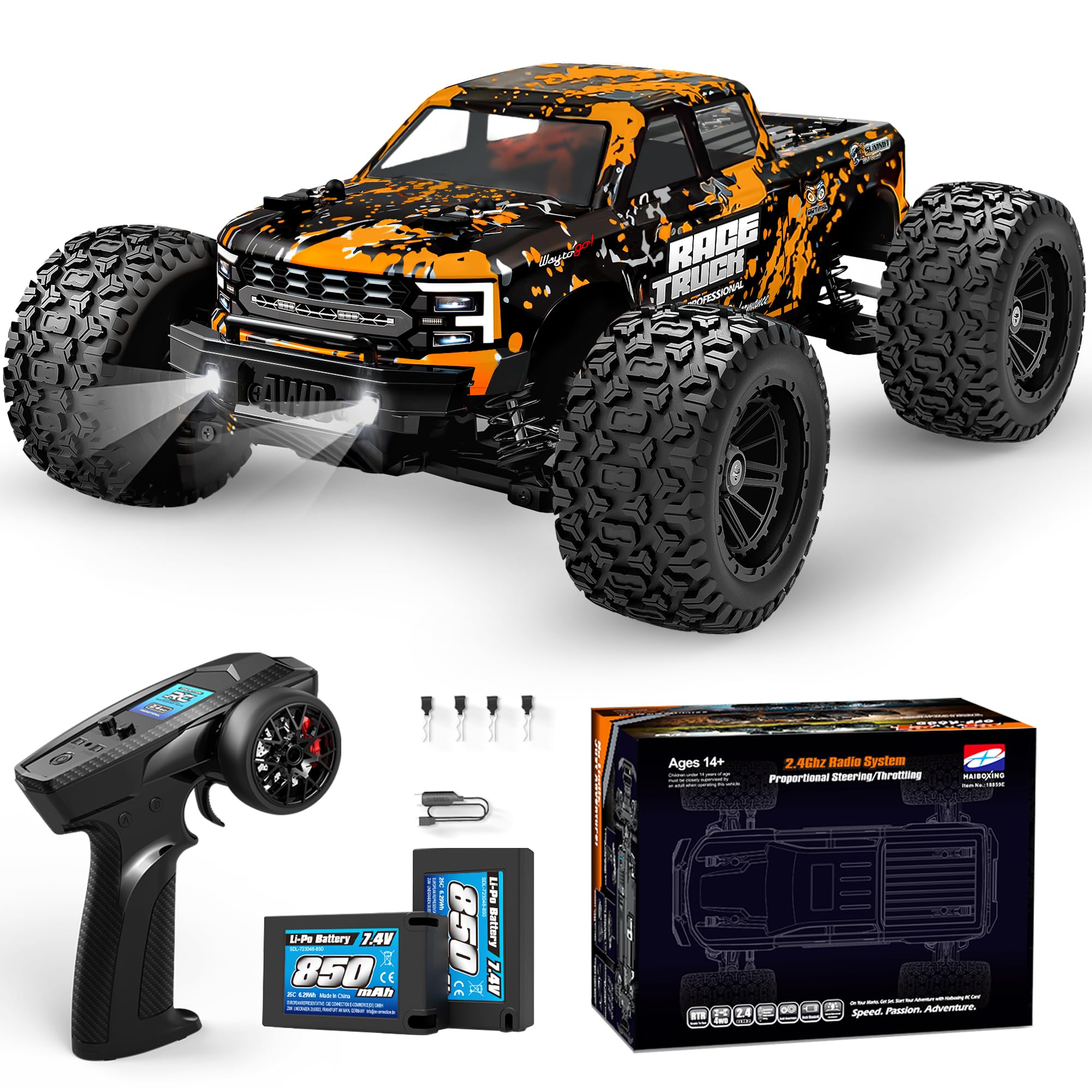 HAIBOXING Voiture Télécommandée 1:18 4WD Voiture RC Monster Truck | 36 km/h à grande vitesse, 2,4 GHz, étanche, tout terrain, Buggy RC Crawler, jouet pour adultes et enfants