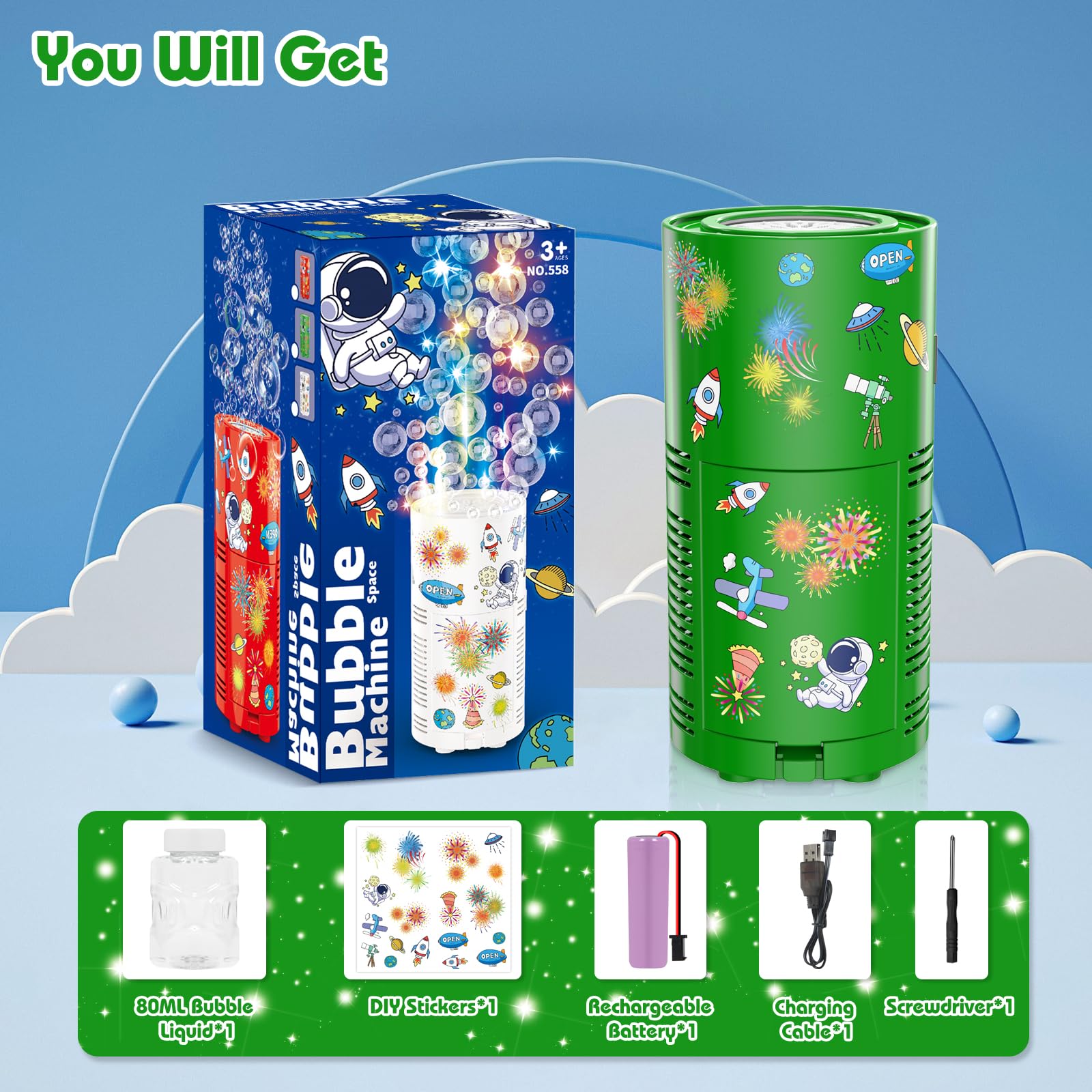 PANACARE Automatische Seifenblasenmaschine Feuerwerk Blasen Spielzeug 13 Löcher/Lichter/Weihnachtsmusik/80 ml Lösung Christmas Bubble Maker Für Kinder Zum Geburtstag Neujahr (Grün)