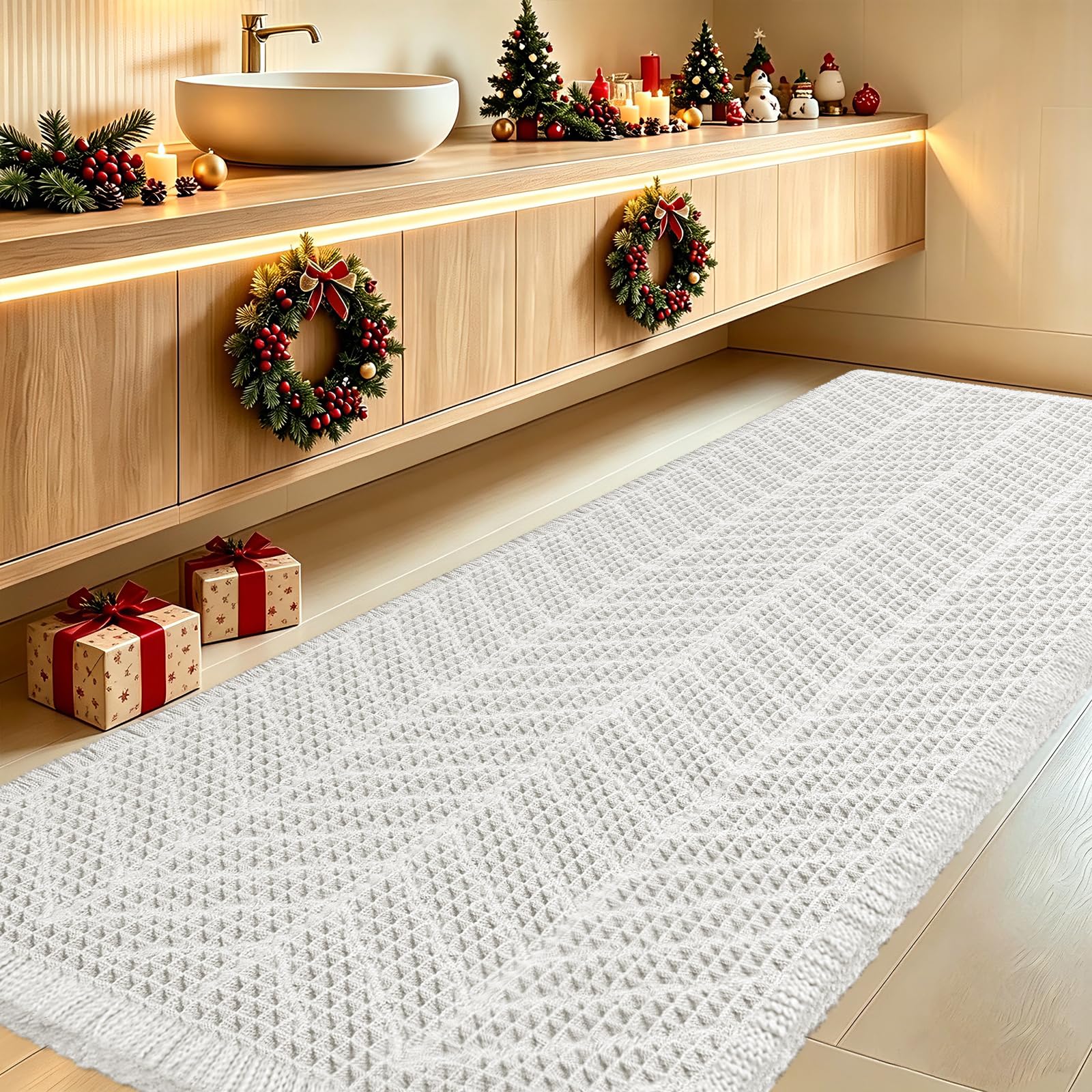 IM HOME Extra Large Waffle Bath Mat, Boho Bathroom Rugs Absorbent Non Slip, Ultra Soft Bathroom Mat, Machine Washable Knit Bath Rugs with Herringbones for Bathroom, Bedroom,Kitchen,Tub, 5'x2', White