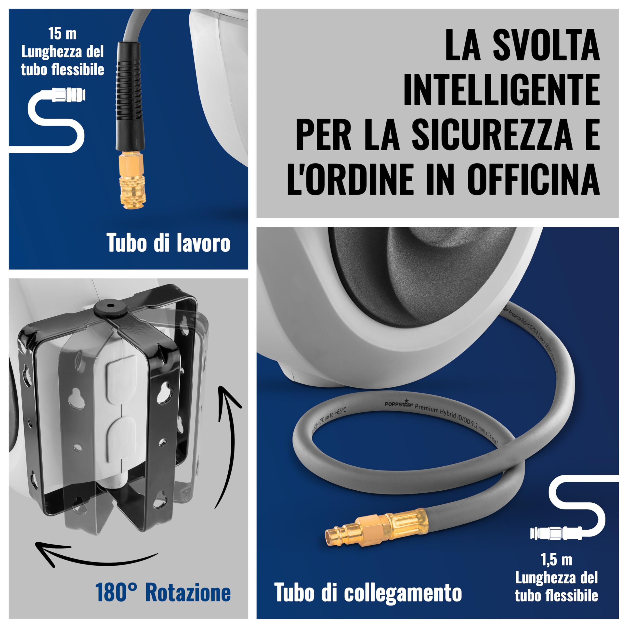 Poppstar Avvolgitubo per tubi ad aria compressa (15m+1,1m, diametro 3/8" (9,2x14mm)), attacco rapido 1/4" BSPT, avvolgitubo con tubo PVC ibrido