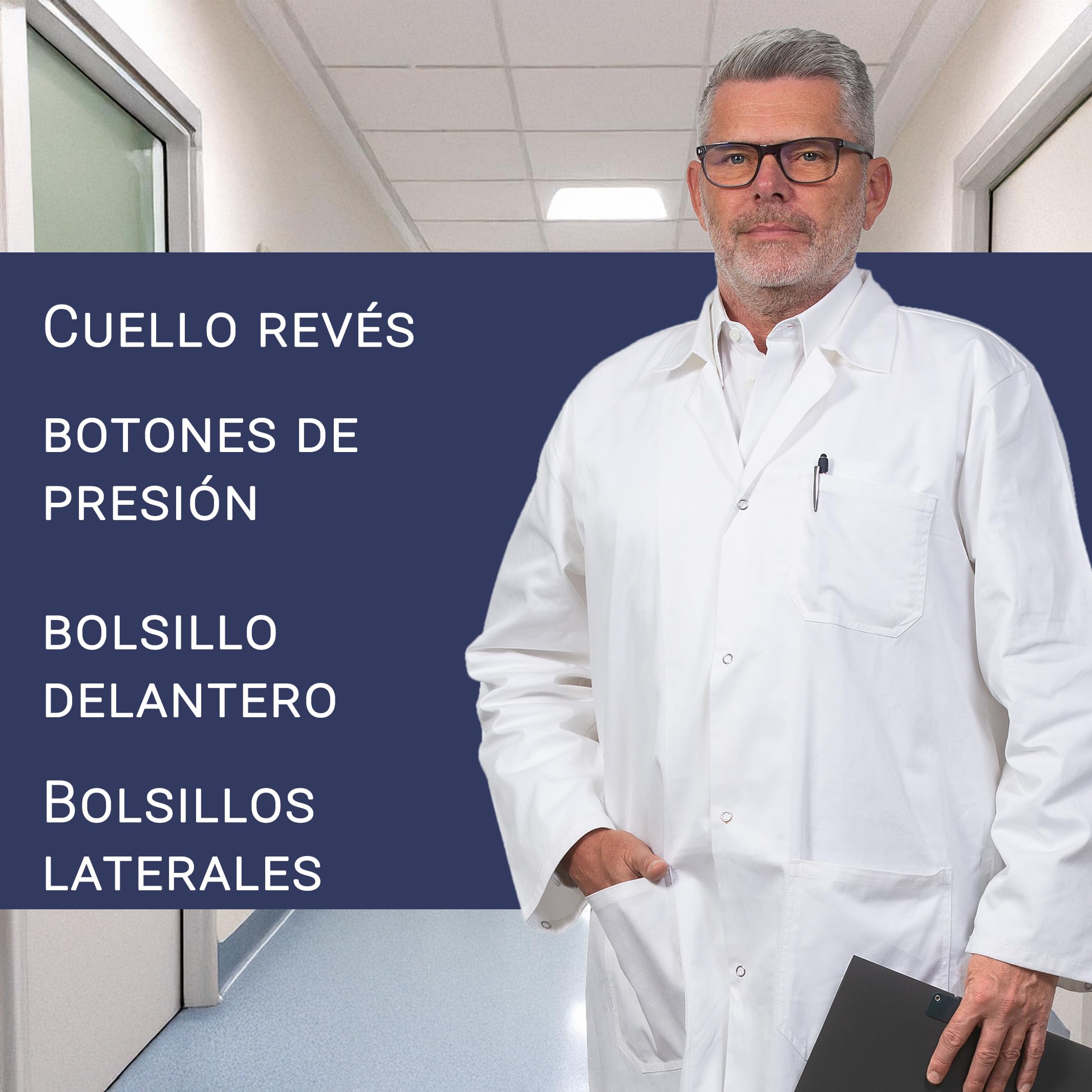 ZOLLNER Bata de laboratorio para hombre: bata médica con prácticos bolsillos y botones a presión, algodón, tallas 44-60, lavable hasta 95 °C, con certificación Oeko Tex®, 140
