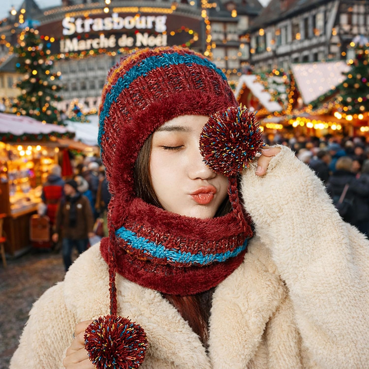 Women Winter Beanie Hat Circle Scarf Set Pompoms Peruvian Ski Snow Ear Flaps Cold Weather Warm Sherpa Knit Hats Fleece Lined - Image 3