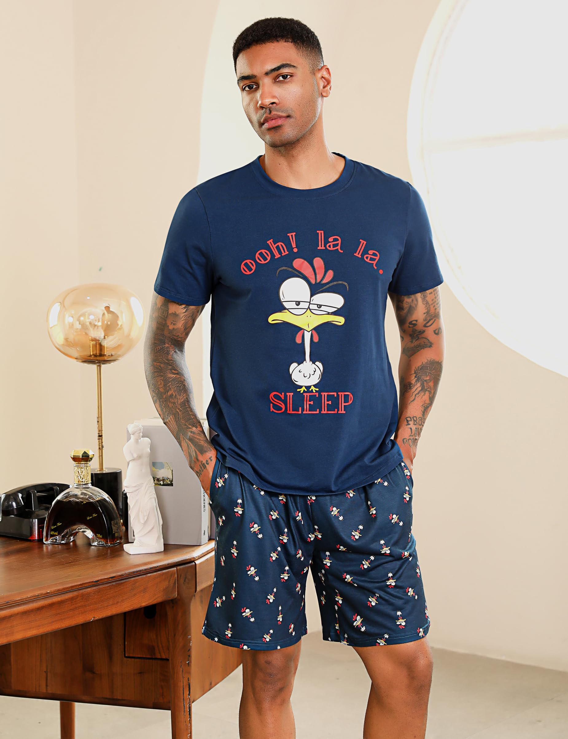 Pigiama da Uomo in Cotone Pigiama Estivo Corto Set Manica Corta Modello Carino Stampa Sleepwear Loungewear