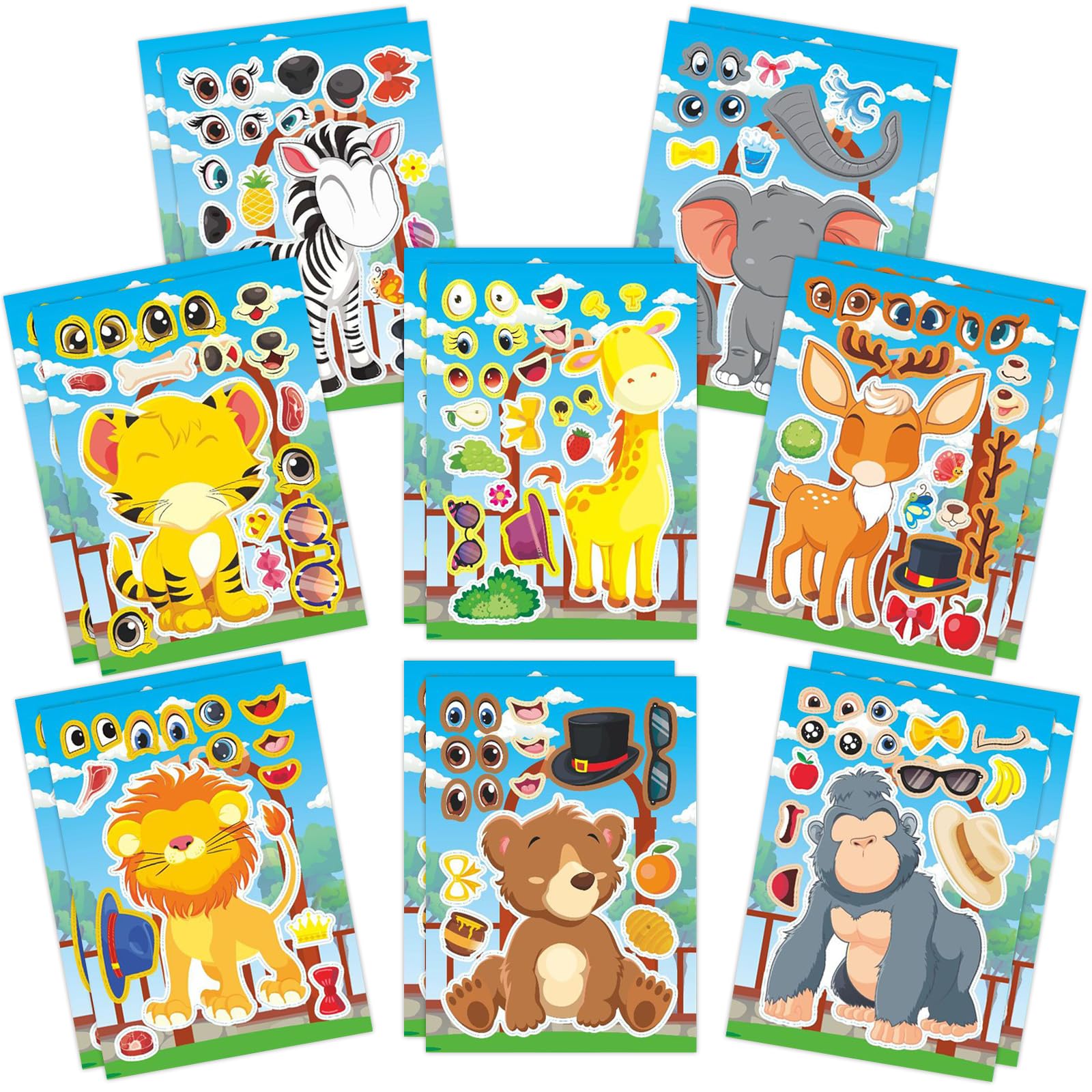 16 Sheets Multicolor Cartoon Animal DIY Stickers for Kids, Water Resistant, Outdoor Use, Scrapbook, Reusable