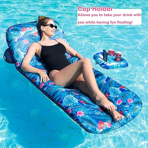 Miniatura 2 de FindUWill Tumbona inflable para piscina, flotador de tela con soporte para tazas, respaldo, flotadores de agua de natación para adultos