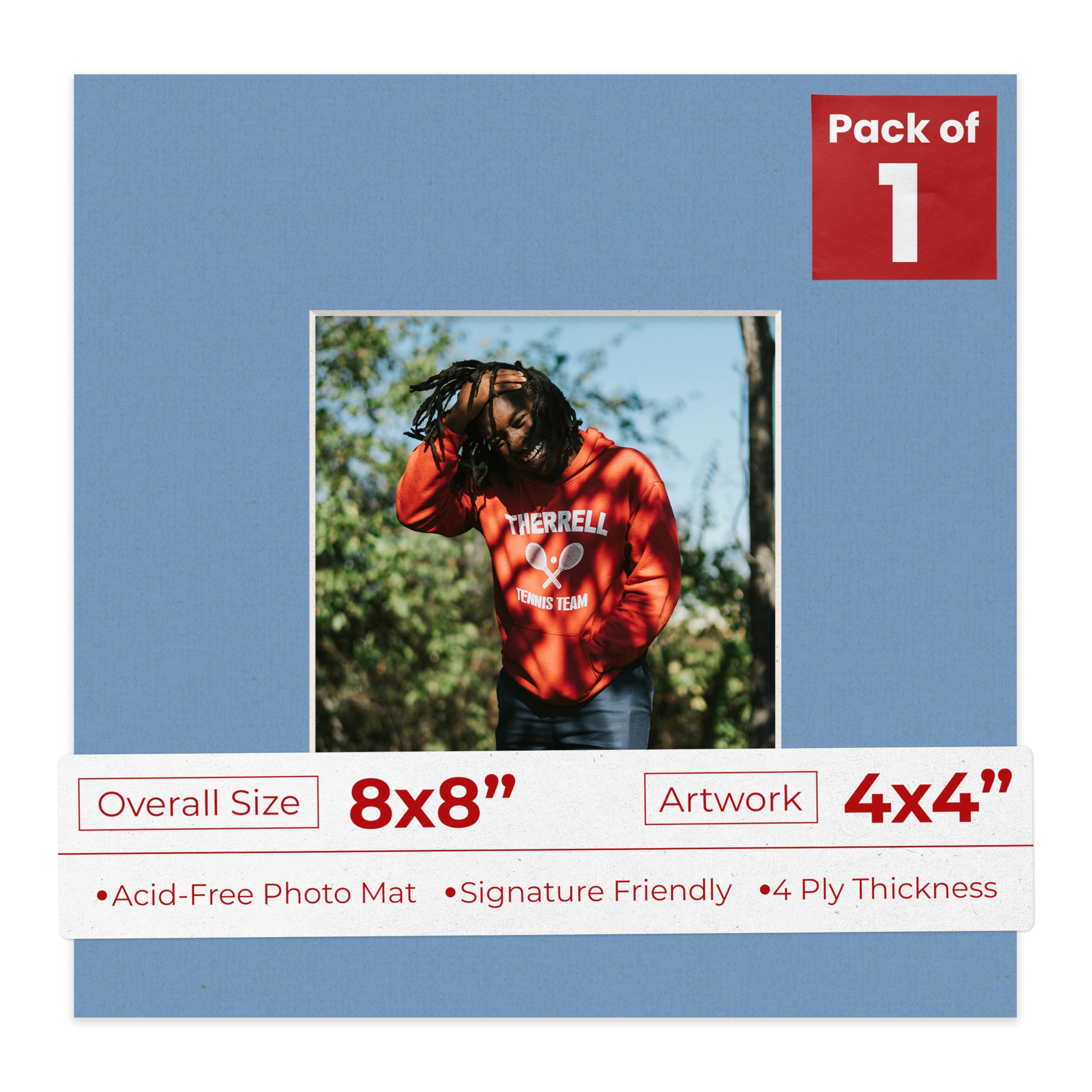 8x8 Mat Bevel Cut for 4x4 Photos - Precut Brittany Blue Square Shaped Photo Mat Board Opening - Acid Free Matte to Protect Your Pictures - Bevel Cut