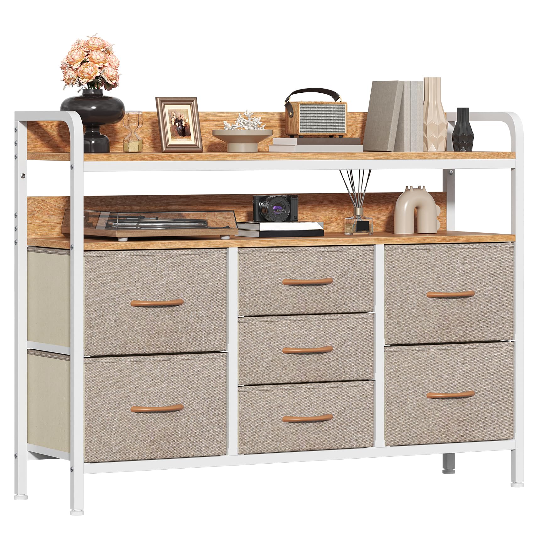 GoaHi Chest of Drawers Bedroom, 7 Fabric Drawers with 2 Layers Shelf, Storage Organizer Unit for Bedroom Living Room Closet, Sturdy Steel Frame & Wooden Top, Fabric Dresser, Beige