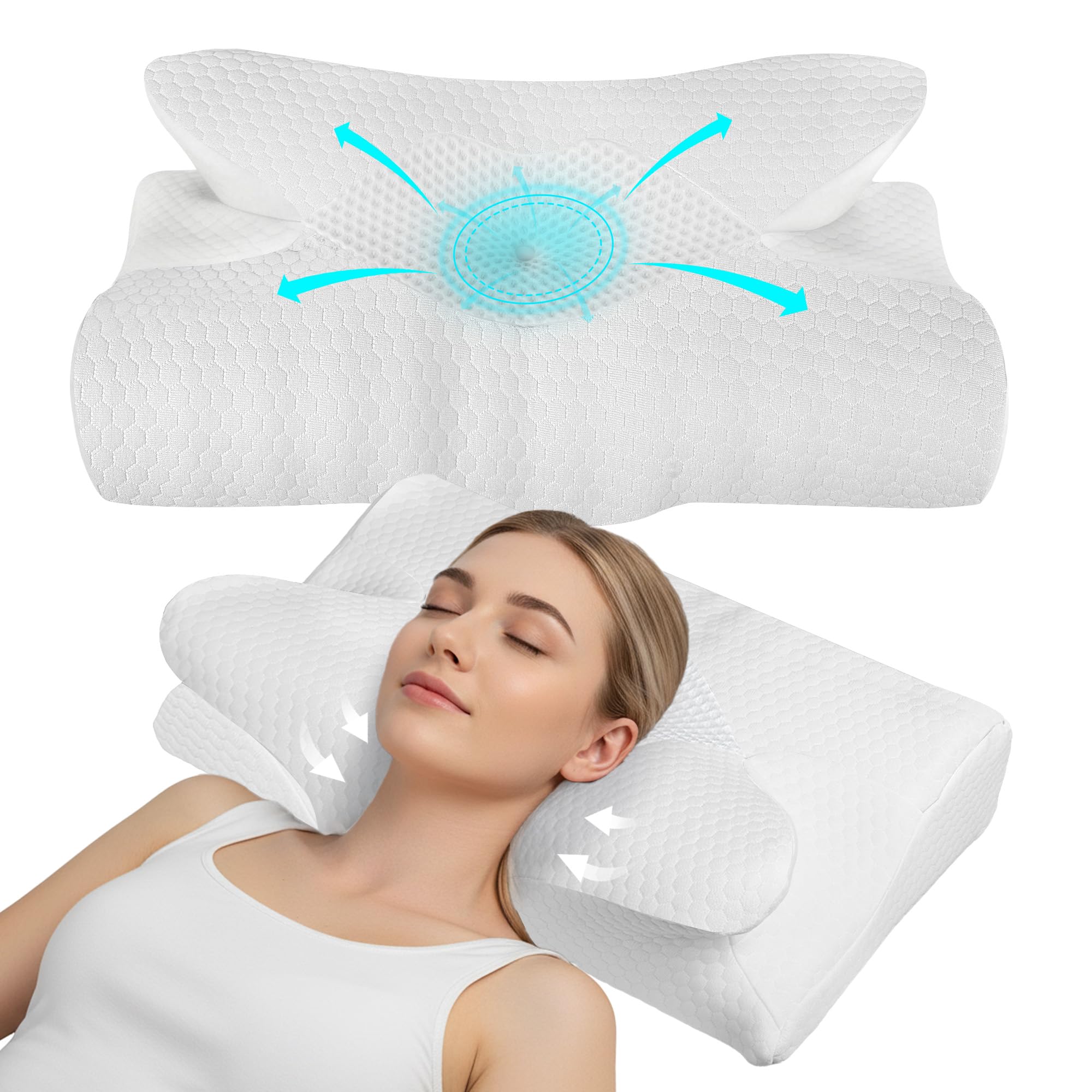 Lavio White Cervical Memory Foam Pillow For Neck Pain, Orthopedic Neck Pillow Ergonomic Head Neck Support Pillow For Side, Back & Stomach Sleepers With Removable Cover (White)
