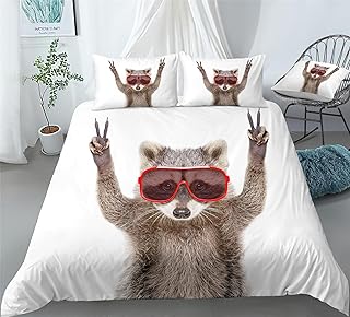 REALIN Cartoon Raccoon Duvet Cover Set Raccoon Animal Print Bedding Girl Boy Kids Bed Sets 2/3/4PCS Quilt Covers/Sheets/Pillow Shams,Twin/Full/Queen/King (C,Queen-228x228cm-3PCS)