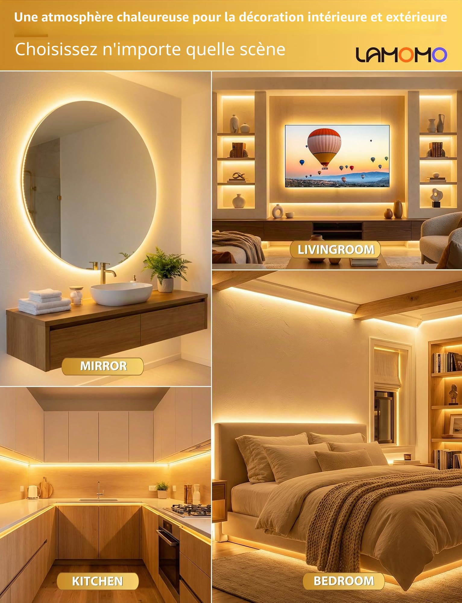 Lamomo Bandeau LED COB 10M, Blanc chaud Ruban Led avec Télécommande, IP65 étanche, Flexible, 3000K, Largeur 10mm, Dimmable, Silicone, Découpable, 24V Néon Strip pour Cuisine, Chambre, CRI 90