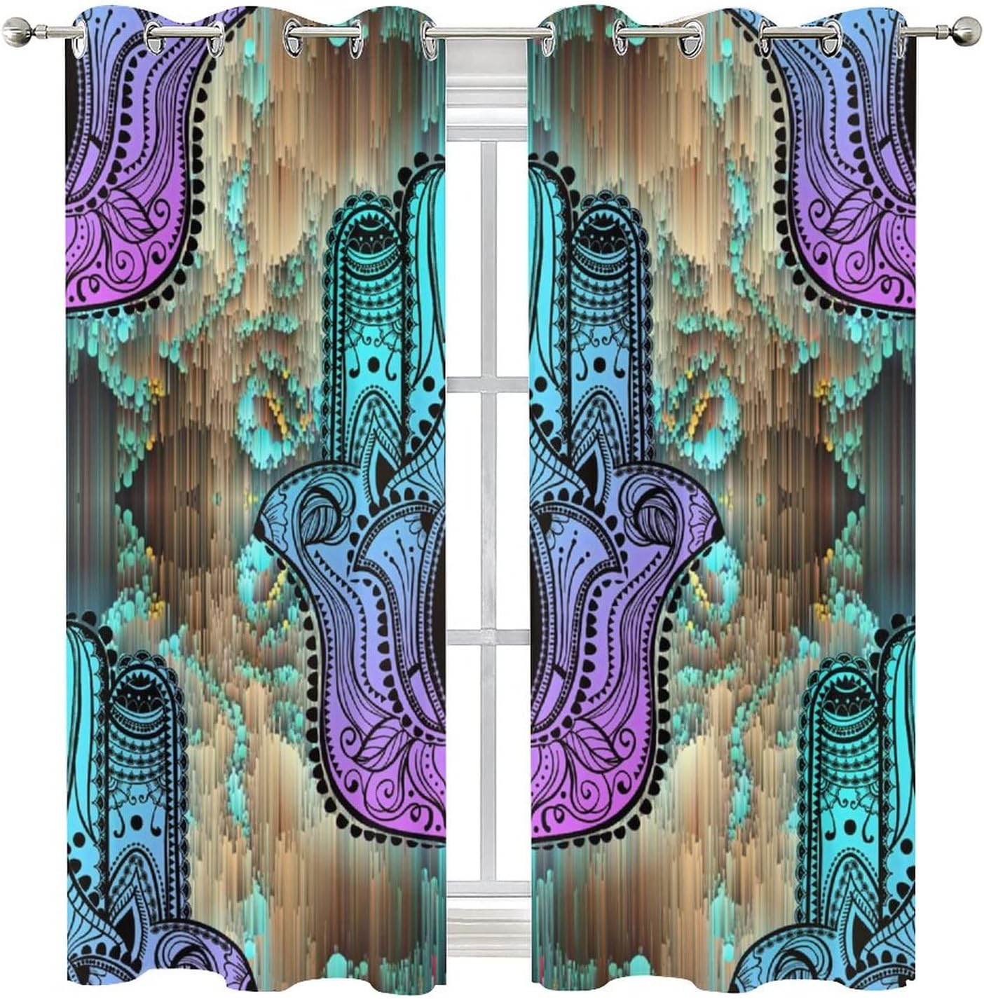 Colorful Abstract Mandala Curtains,Indian Hippie Retro Floral Window Curtains Thermal Insulated Grommet Blackout Curtains for Bedroom 2 Panels 63L x 21W