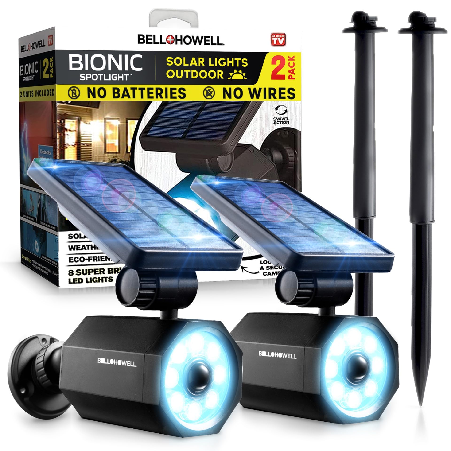 Bell+Howell Bionic Spotlight LED Solar Lights Solar-Powered Spot Light with 25 Feet Motion Sensor Outdoor Waterproof Frost Resistant Yard Outdoor Lighting As Seen On TV (Original, Set of 2)