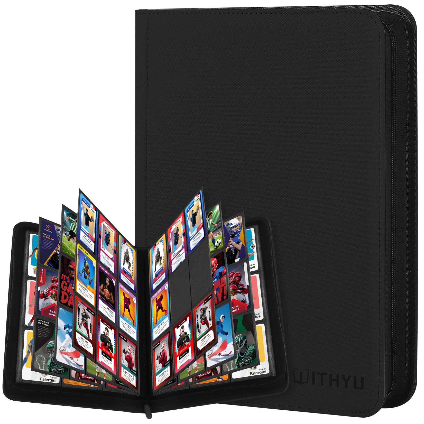 WITHYU Album da Collezione per Carte con 9 Tasche, Capienza 540 Carte - Portacarte Impermeabile con Caricamento Laterale e Cerniera per TCG, Calcio & Collezione, Portatile (Nero)