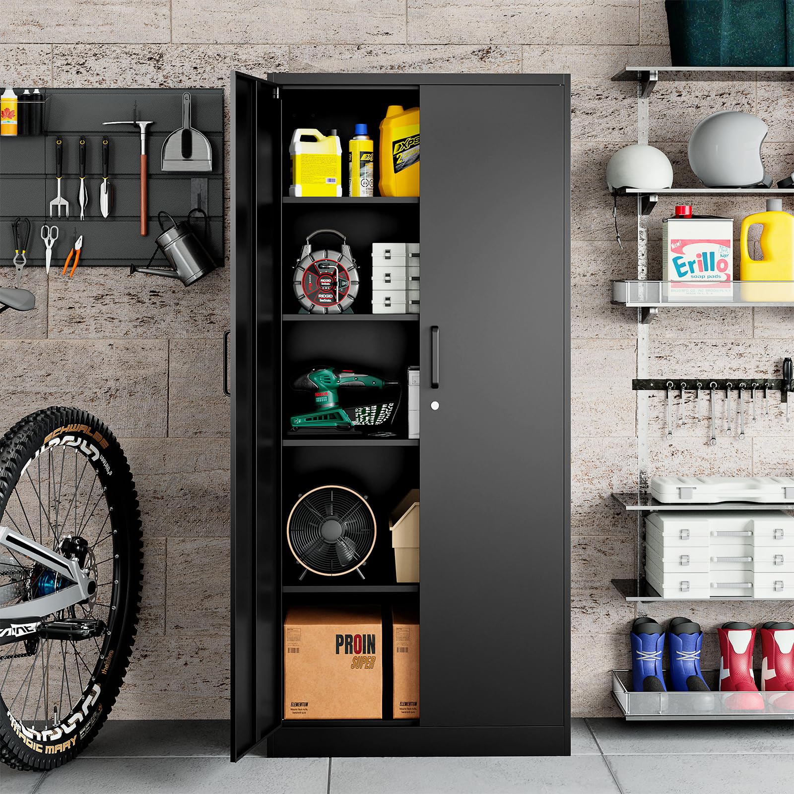 Sightlife Aktenschrank abschließbar mit 2 Türen Metallschrank Stahlschrank Mehrzweckschrank Metall Büroschrank Einstellbare Regale Aufbewahrungsschrank für Büro Haus Garage 170X78X39cm Schwarz