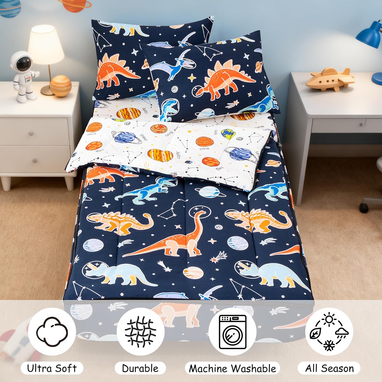 Meeting Story 3pcs Zipper Bedding Twin Kids Space Dinosaur Glow in The Dark Comforter Set for Boys(Navy,Twin) - Image 5