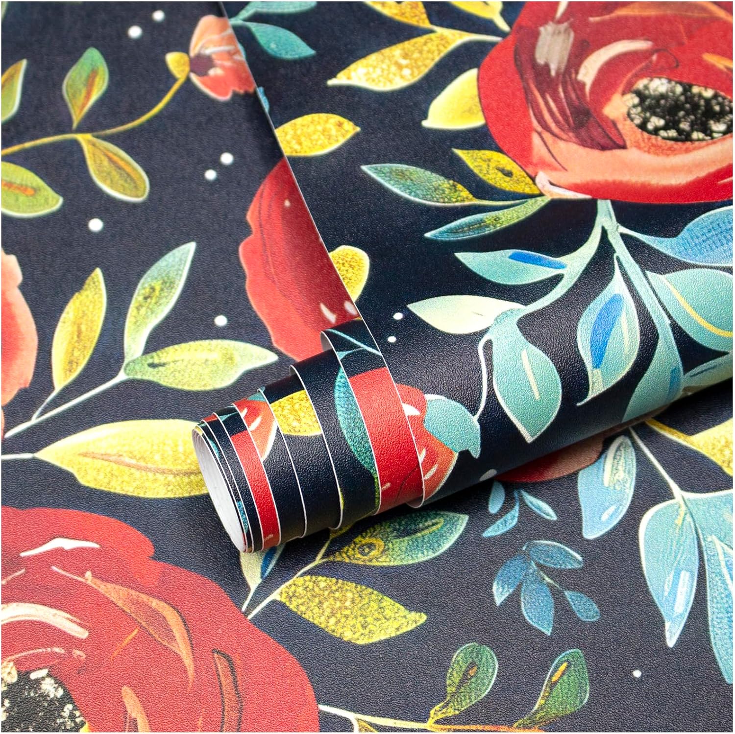 Boho Floral Peel and Stick Wallpaper, Dark Blue/Red/Teal Retro Self Adhesive Wall Decor for Bathroom, Kitchen, Accent Wall, Vintage Renter Friendly Contact Paper for Cabinet, Countertop, 17.5” x 118”