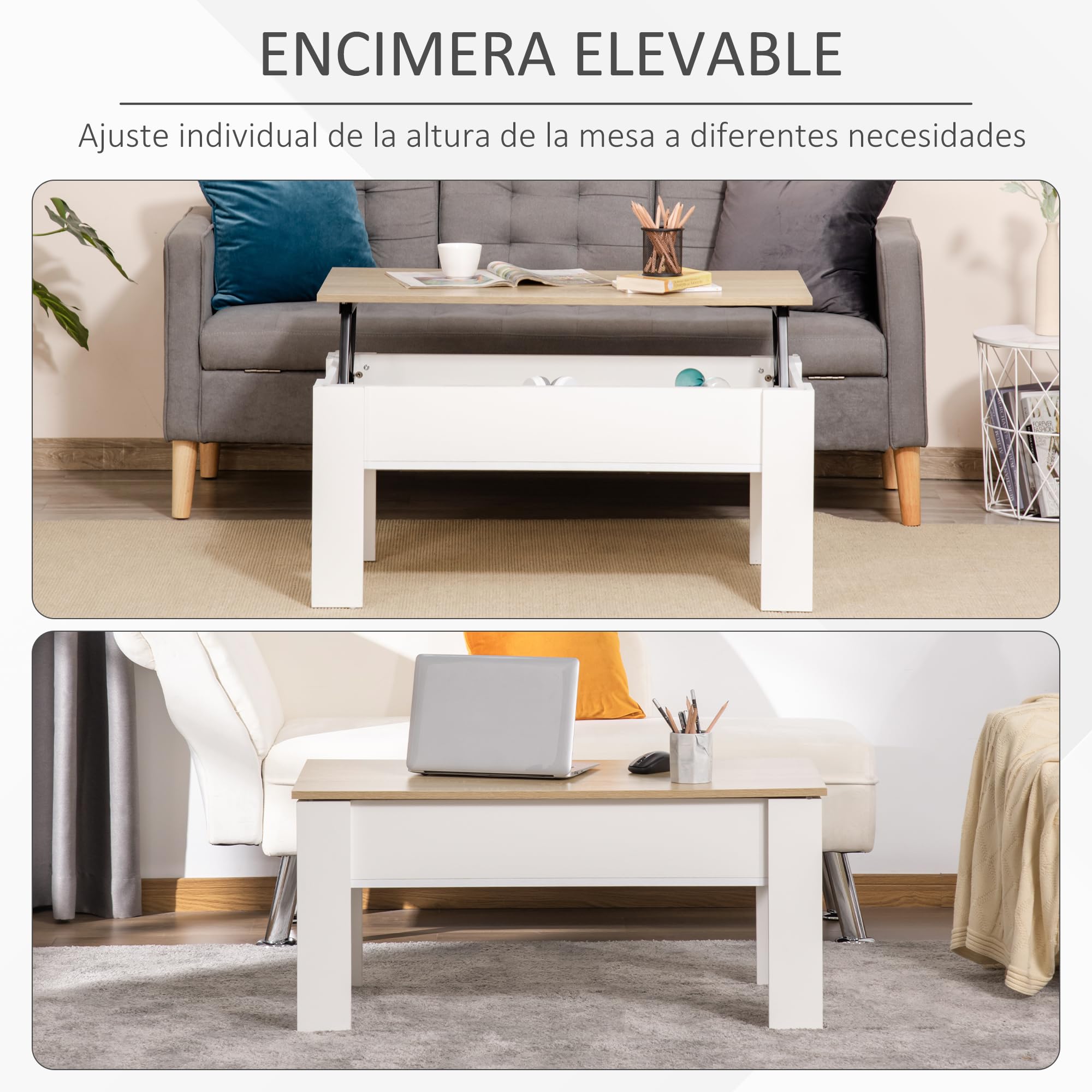 HOMCOM Mesa de Centro Elevable Mesa de Café con Encimera Elevable Espacio Oculto de Almacenaje 100x50x45-58,5 cm Blanco y Natural