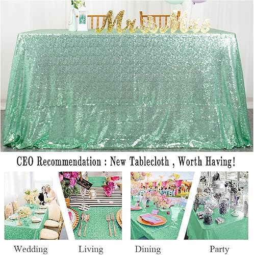 Miniatura 5 de ShinyBeauty Mantel de lentejuelas color verde menta de 50 x 80 pulgadas, funda de mesa rectangular superpuesta de suministros de fiesta de boda,