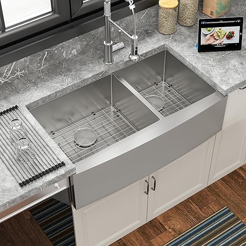 Miniatura 2 de Sarlai - Fregadero de acero inoxidable 36 con doble tazón, 36 pulgadas, delantal de fregadero de granja frontal, doble tazón, acero inoxidable 6040,