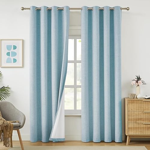 Melodieux Cortinas de lino 100% opacas de color azul cielo de 108 pulgadas de largo para sala de estar, dormitorio, cortinas texturizadas de lino