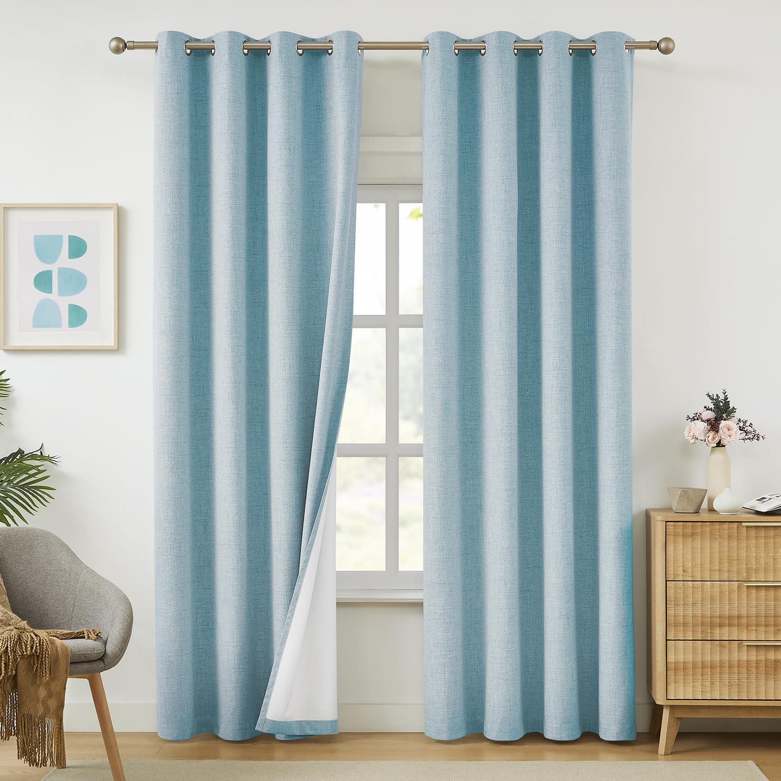 Melodieux Sky Blue 100% Blackout Linen Curtains 84 Inch Length 2 Panels Set, Living Room Darkening Thermal Insulated Grommet Drapes Elegant Farmhouse Bedroom Burlap Textured Curtains, 52x84 inch