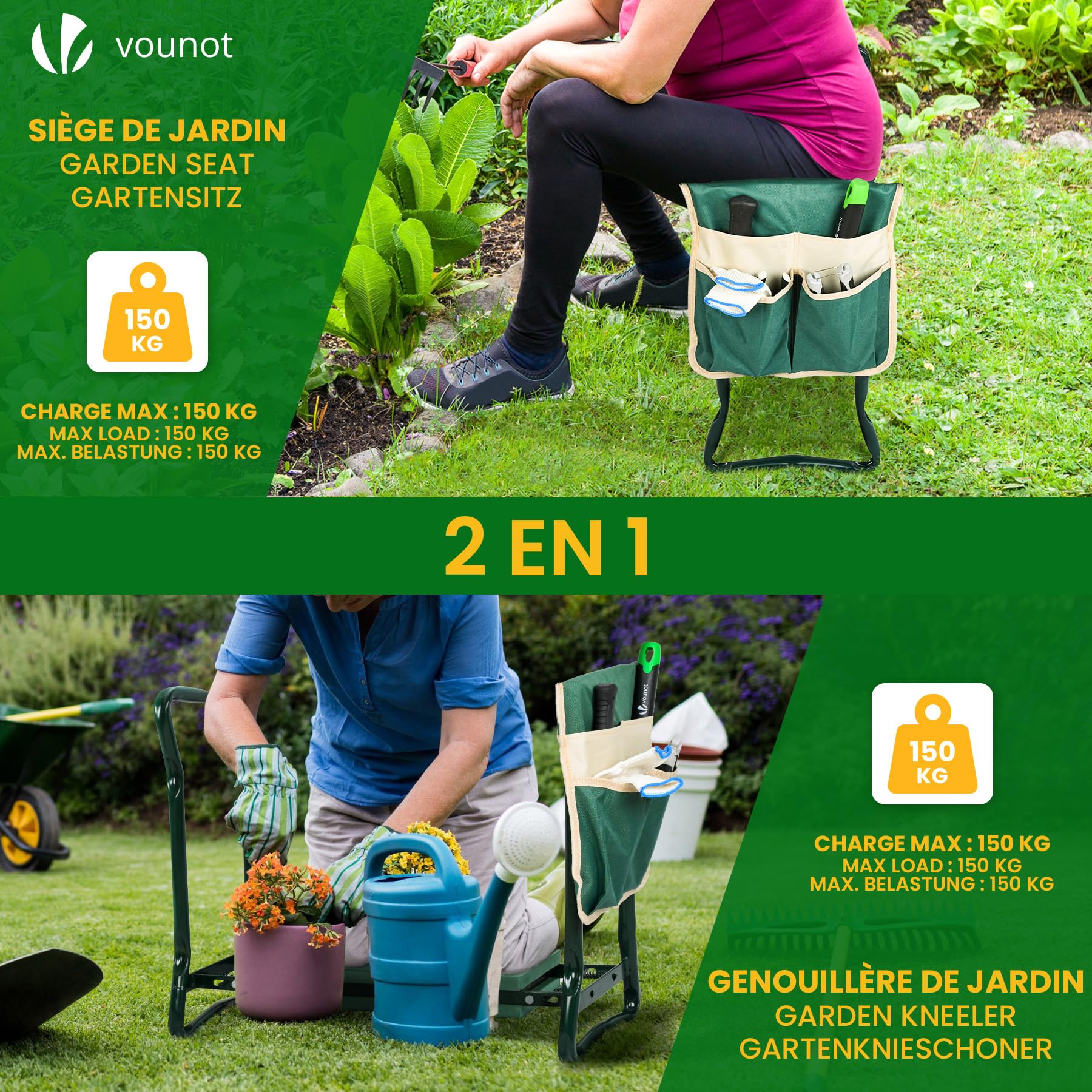 vounot® Banc de Jardinage Pliable 2 en 1 Tabouret Agenouilloir de Jardin avec Pochette de Rangement pour Outils Siège avec Coussin Doux en EVA pour Le Jardinage Extérieur Vert