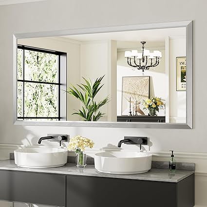72x36 Inch Silver Bathroom Mirror for Wall, Thick Metal Framed Rectangle Mirrors for Over Sink, Bedroom, Living Room, Entryway, Anti-Rust, HD Tempered Glass