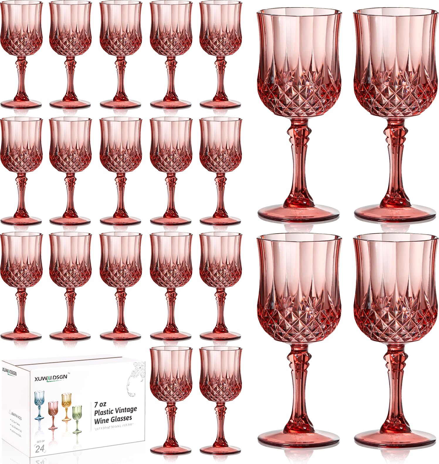 XUWAIDSGN 7oz Plastic Vintage Rose Gold Drinking Glasses Pink Wine Glasses Unbreakable Wedding Glassware Crystal Water Goblets Reusable Drinkware