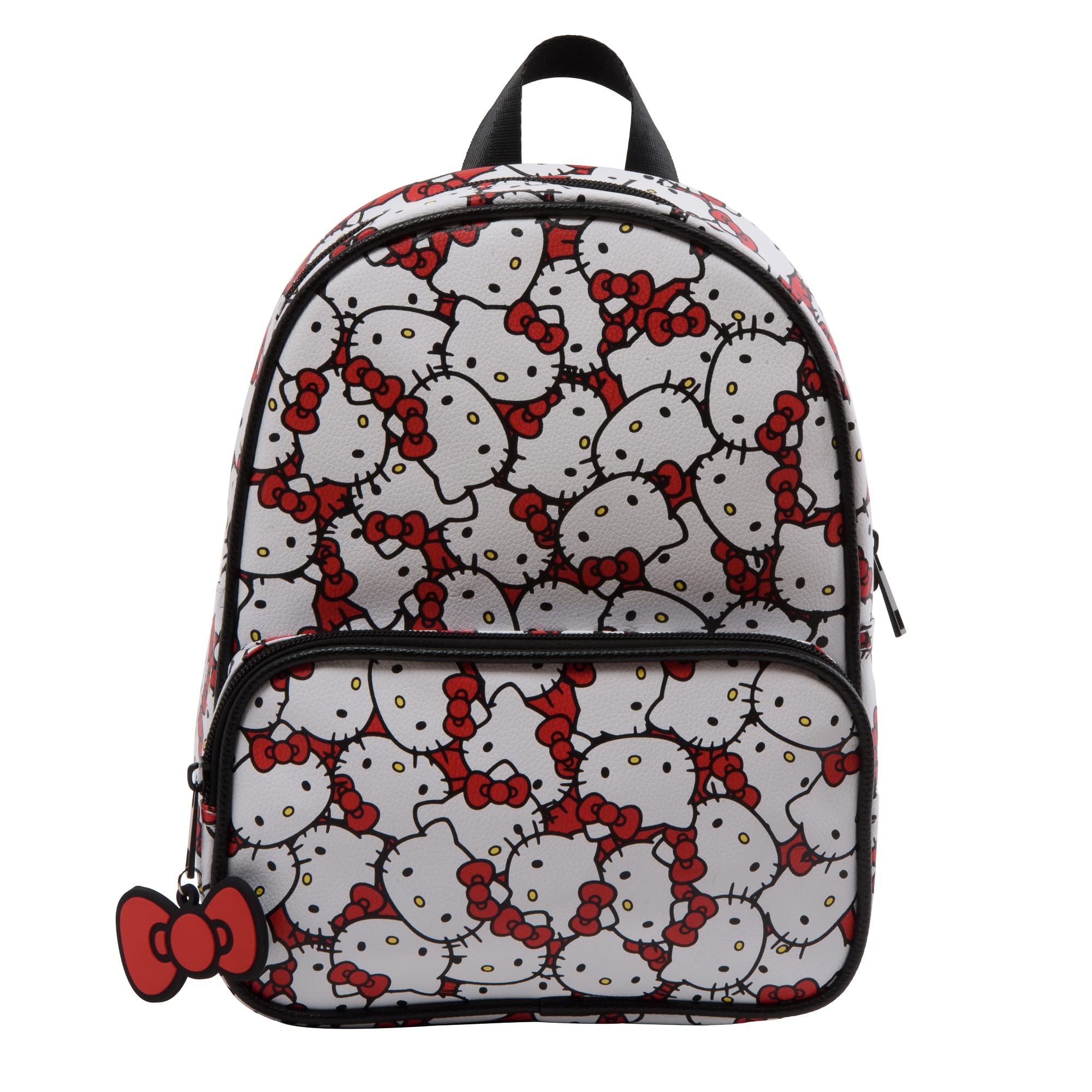 Accessory Innovations AI Sanrio’s Hello Kitty Allover Print Double Strap Shoulder Bag, Mini Backpack Purse with Molded Bow Dangle, 10.5 Inches, Adjustable Straps, Faux Leather
