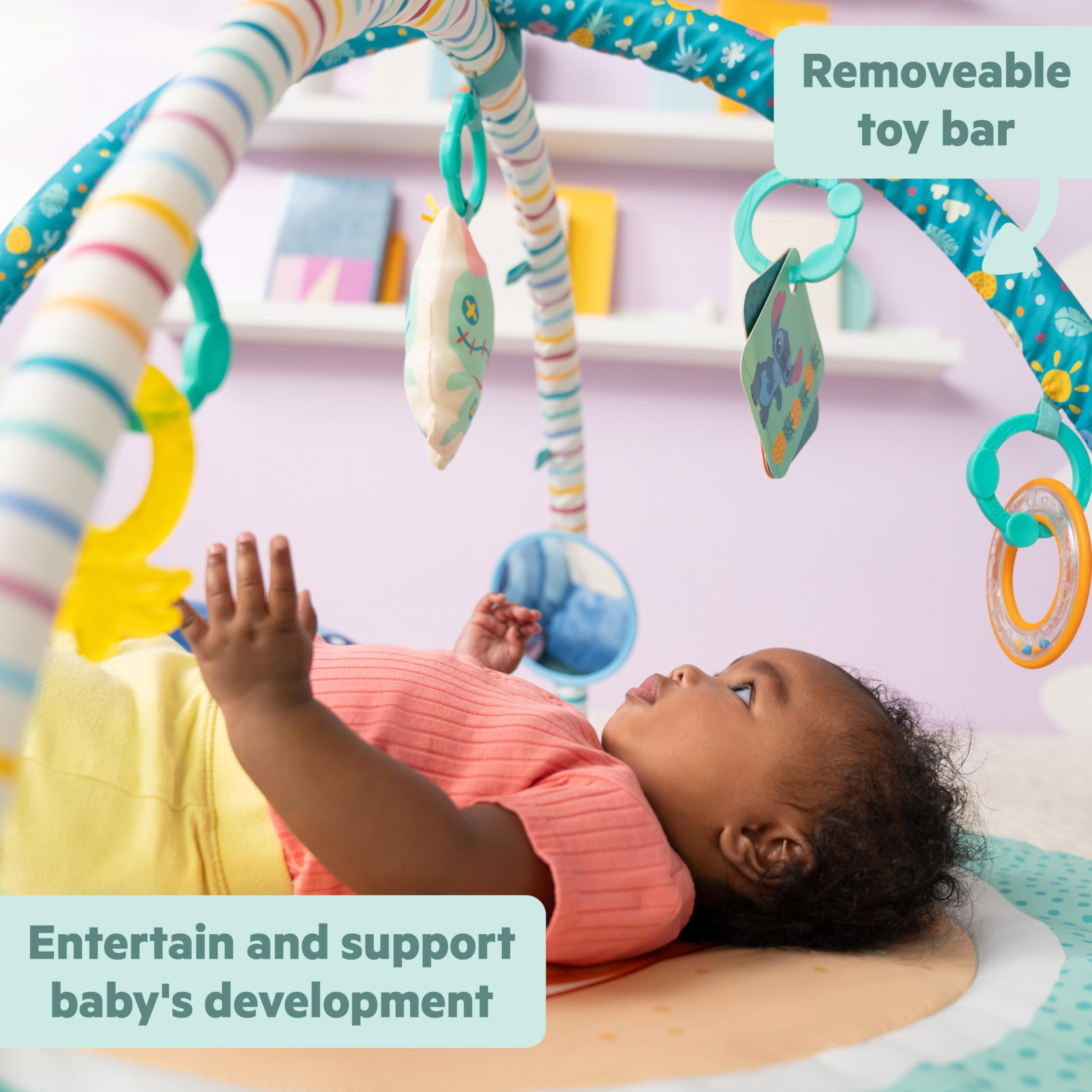 Bright Starts Disney Baby Stitch Party in Paradise - Palestrina multiattività con cuscino per tummy time e 5 giochi portatili, 0+ mesi